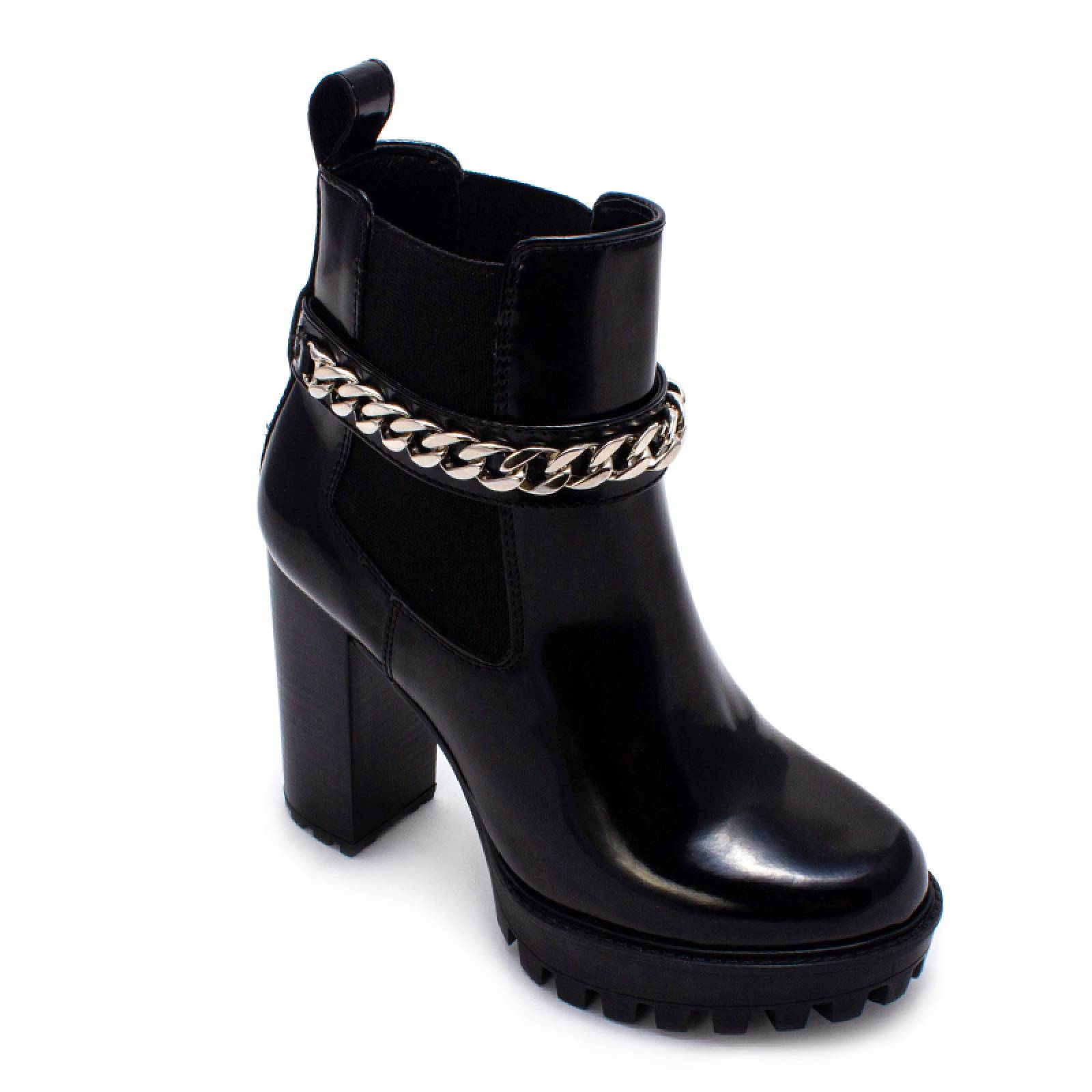 Botín Ato Dama 15606 Negro Alto Brillo Bella Cadena Plateada