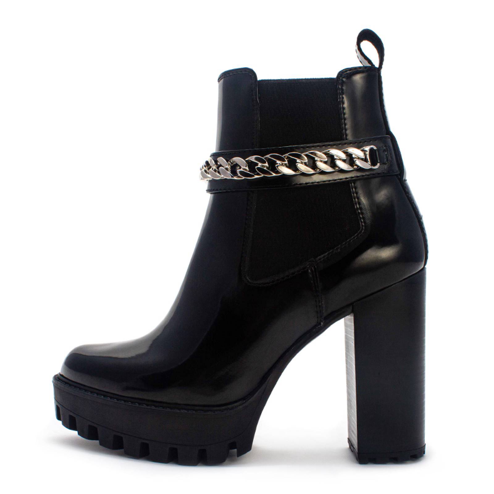 Botín Ato Dama 15606 Negro Alto Brillo Bella Cadena Plateada
