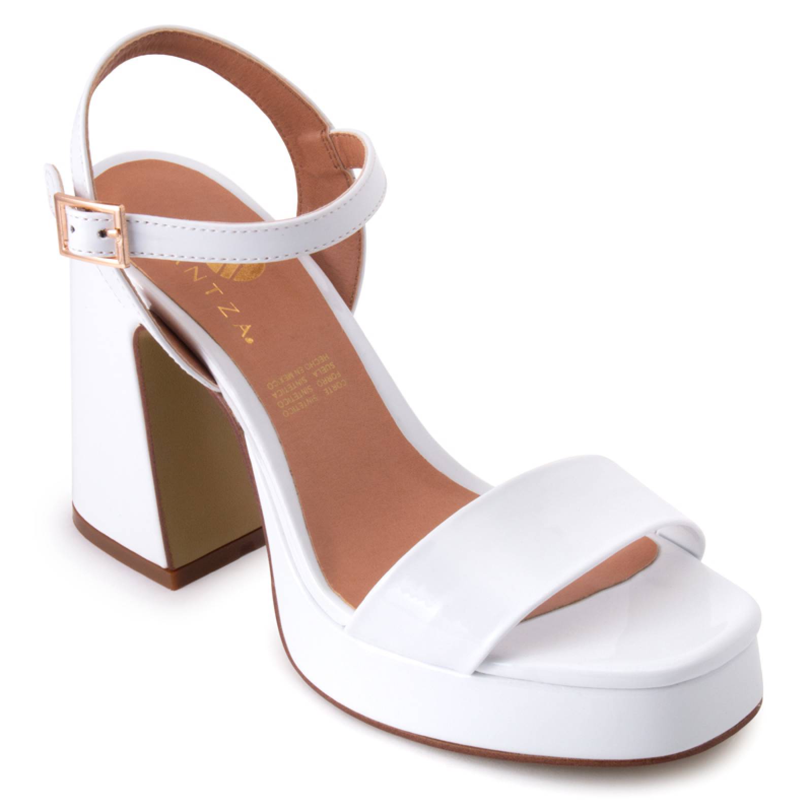 Sandalia Alta Dama 10950 Blanco Charol Clásica Tacón Grueso