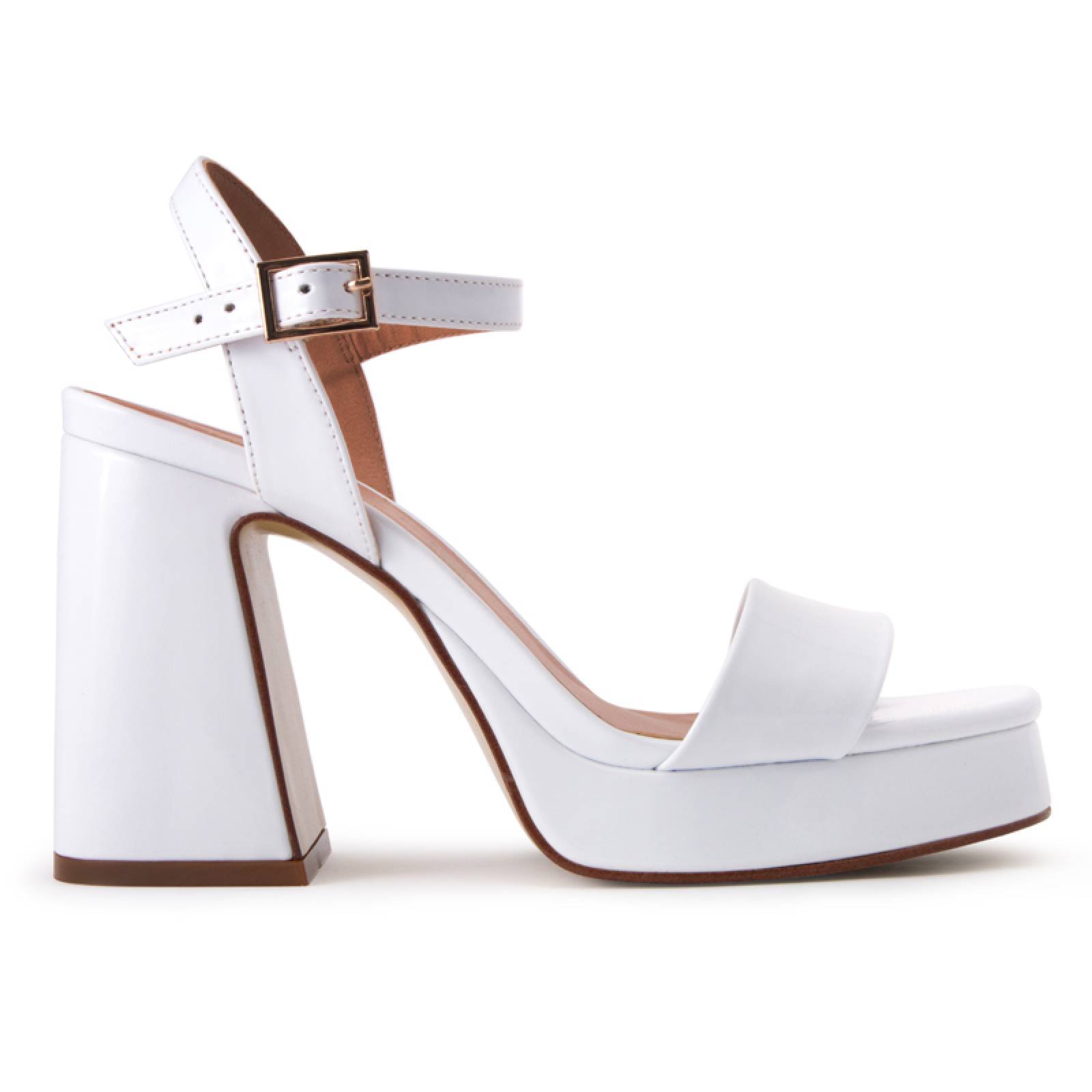 Sandalia Alta Dama 10950 Blanco Charol Clásica Tacón Grueso