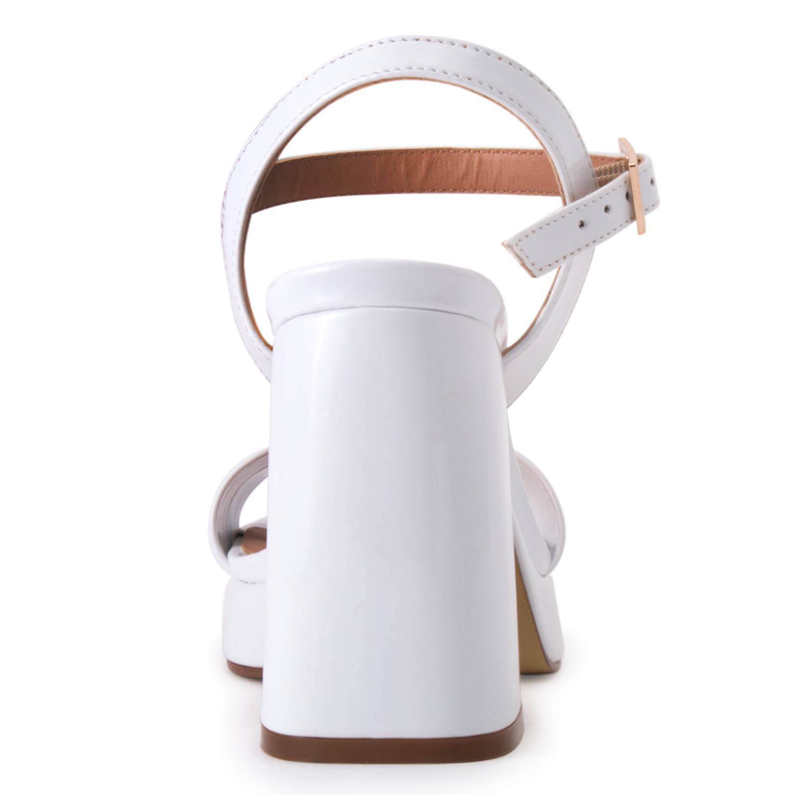 Sandalia Alta Dama 10950 Blanco Charol Clásica Tacón Grueso