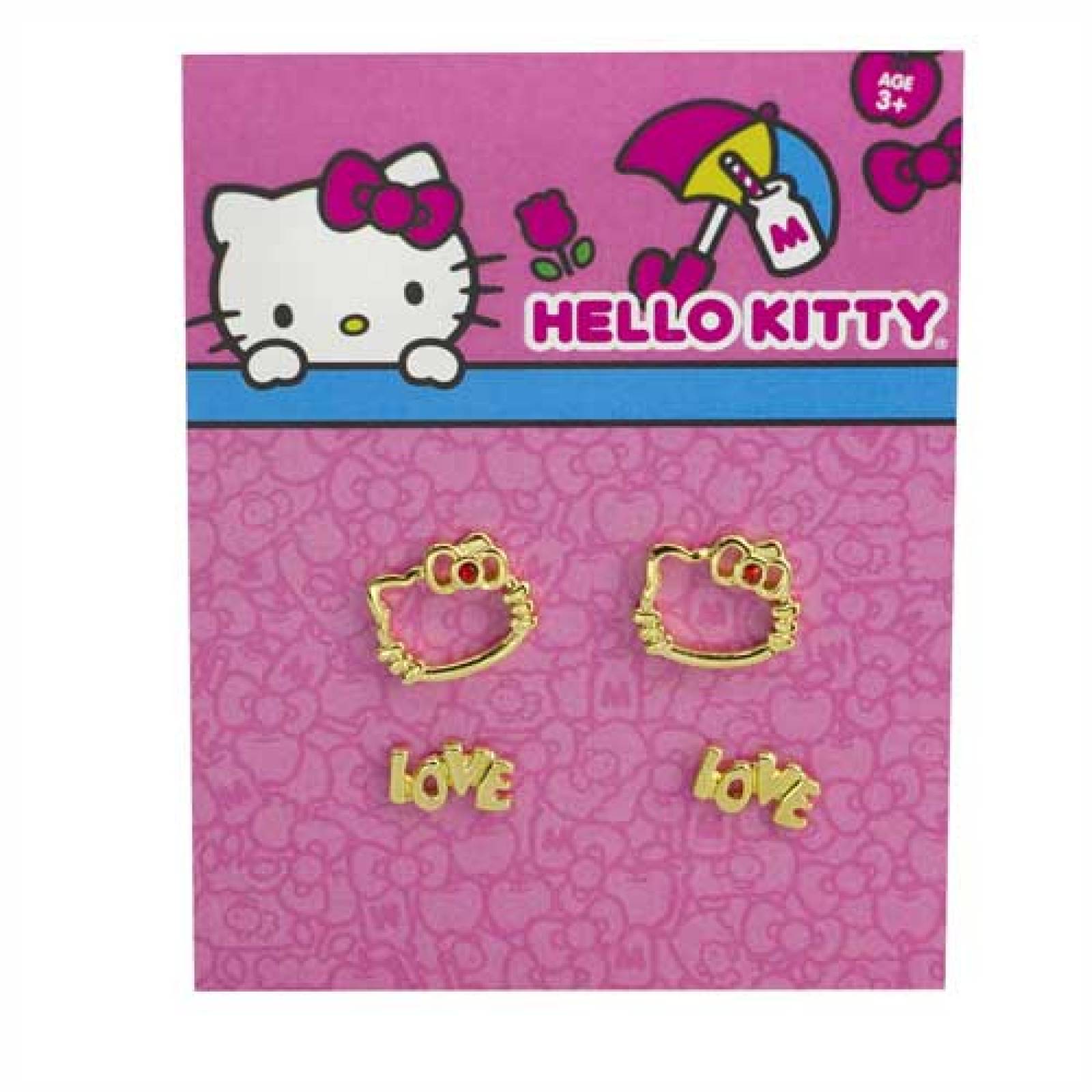 Set de Aretes Hello Kitty Silueta y Mariposa Dorado Brillante