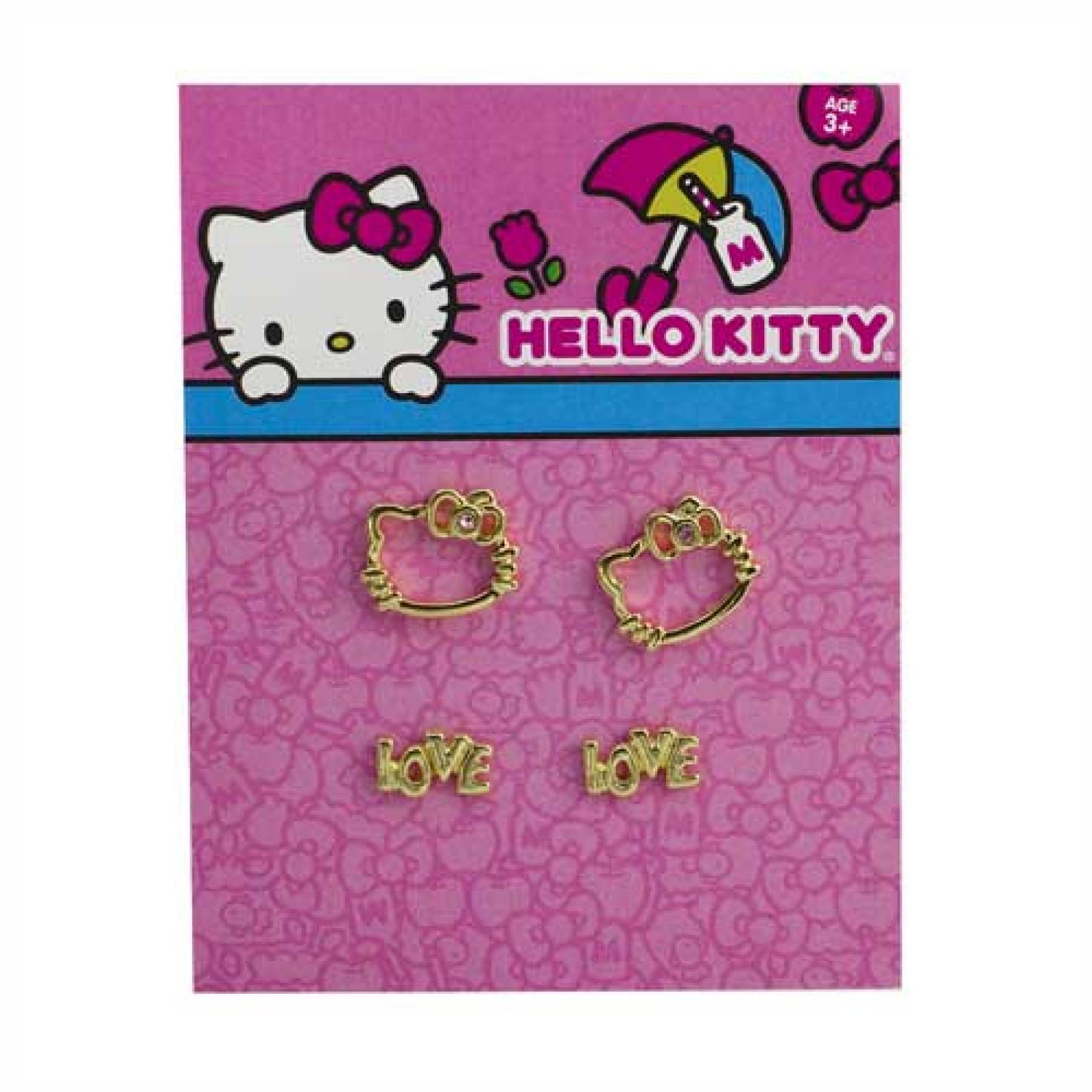  Set de Aretes Hello Kitty Silueta y Love Dorado Brillante