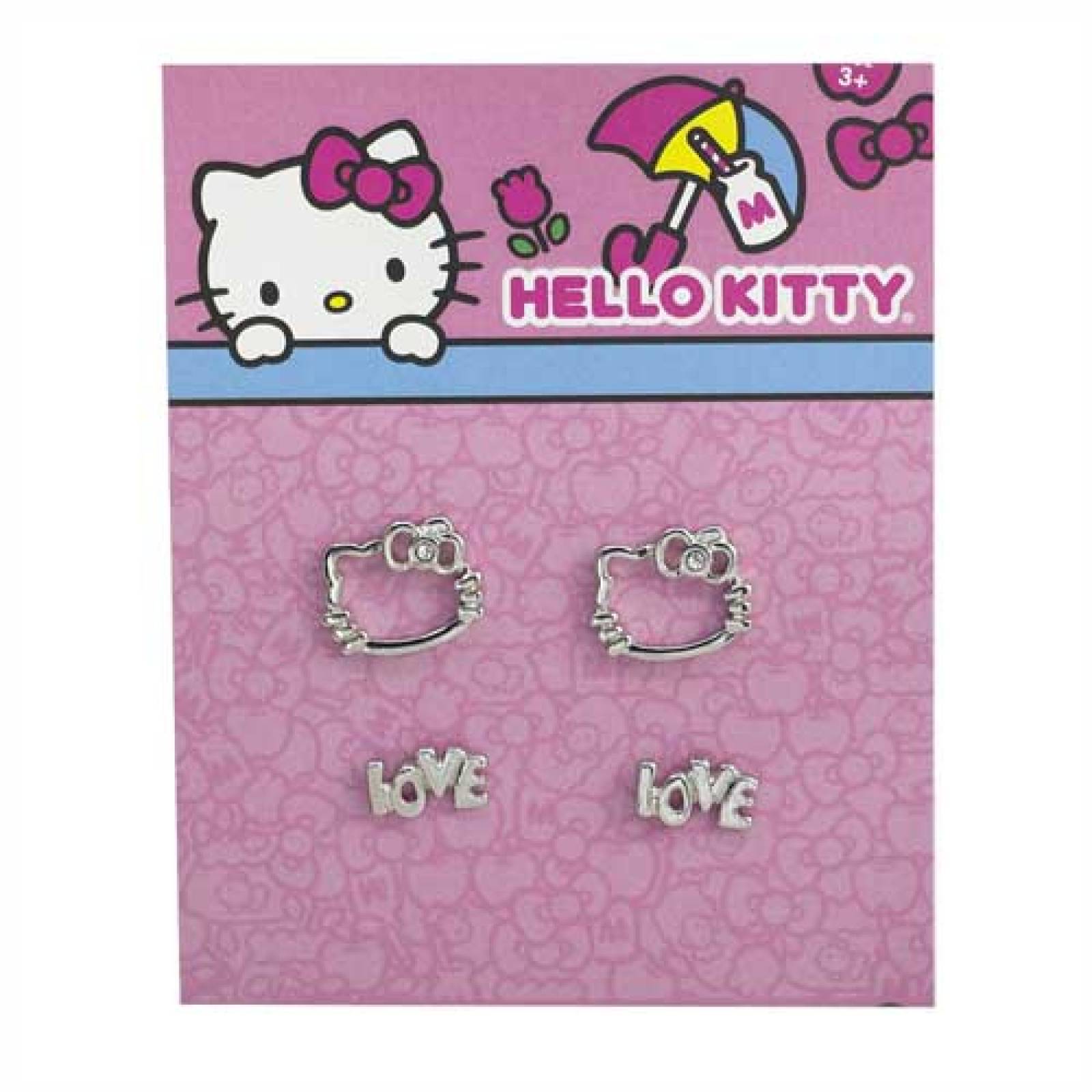 Set de Aretes Hello Kitty Silueta y Love Niquel Brillante
