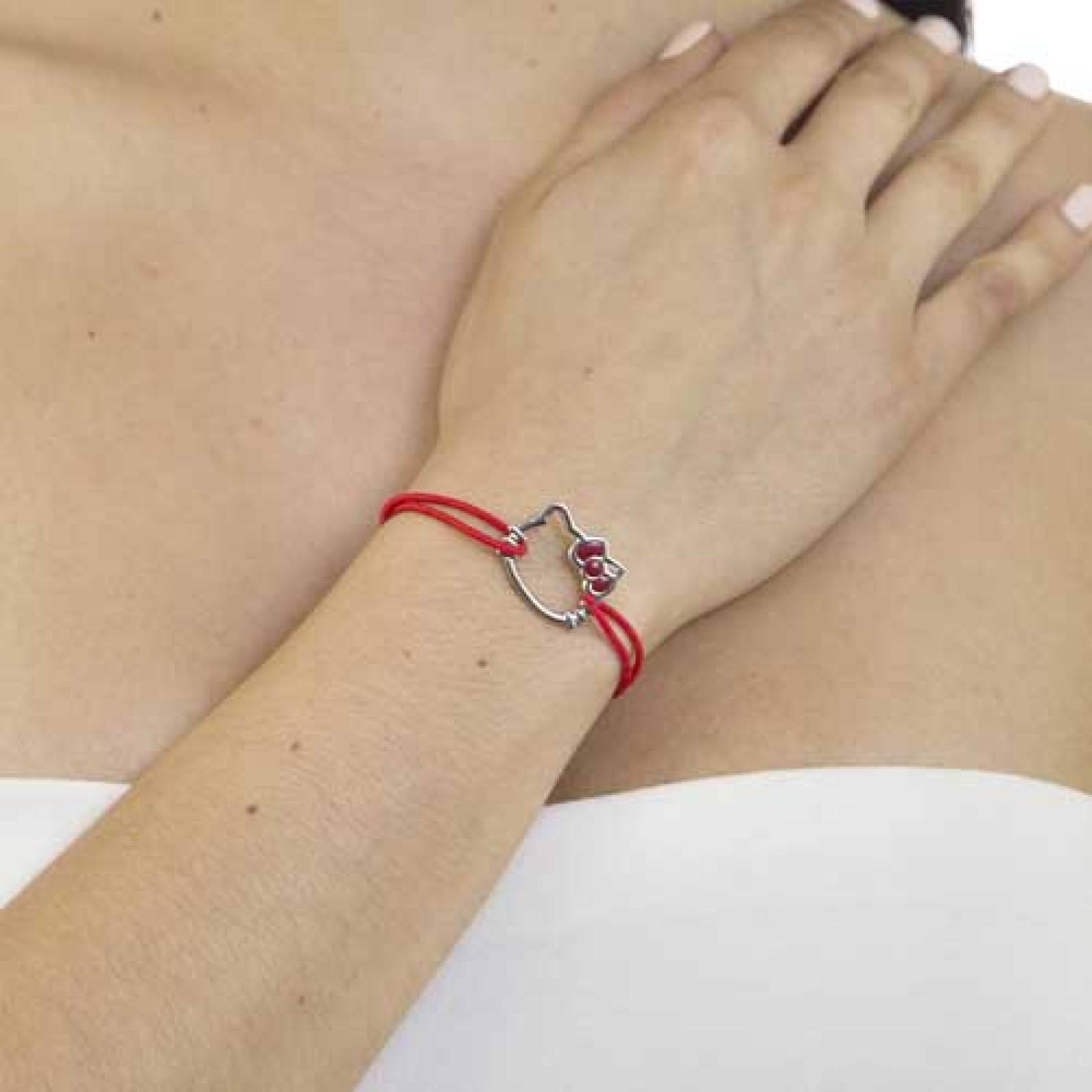  Pulsera Elastica Hello Kitty Silueta Grande Moño Rojo 18cm Rojo con Niquel