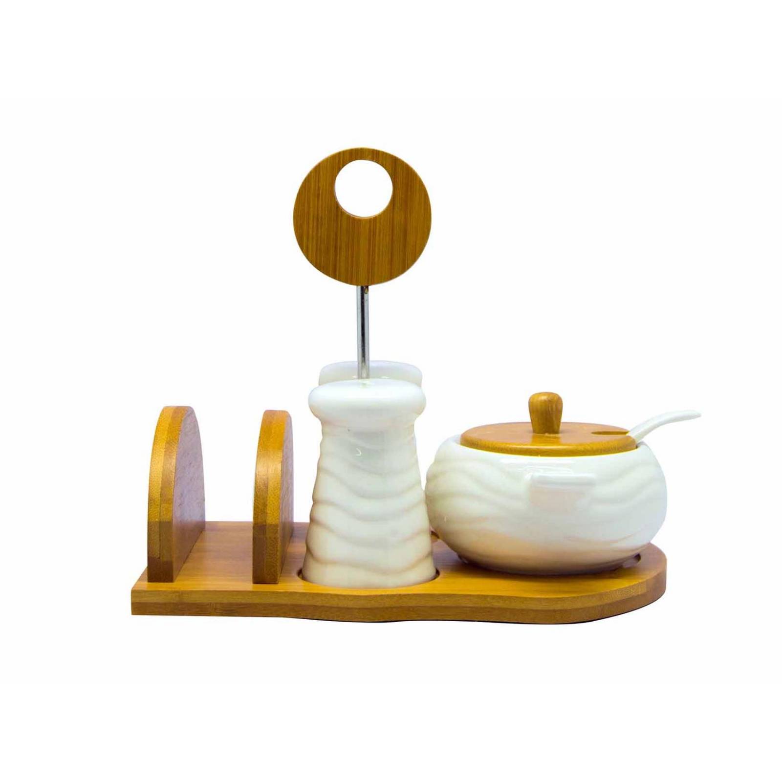 Set de 4 piezas para mesa, servilletero, salero, pimentero y azucarero 