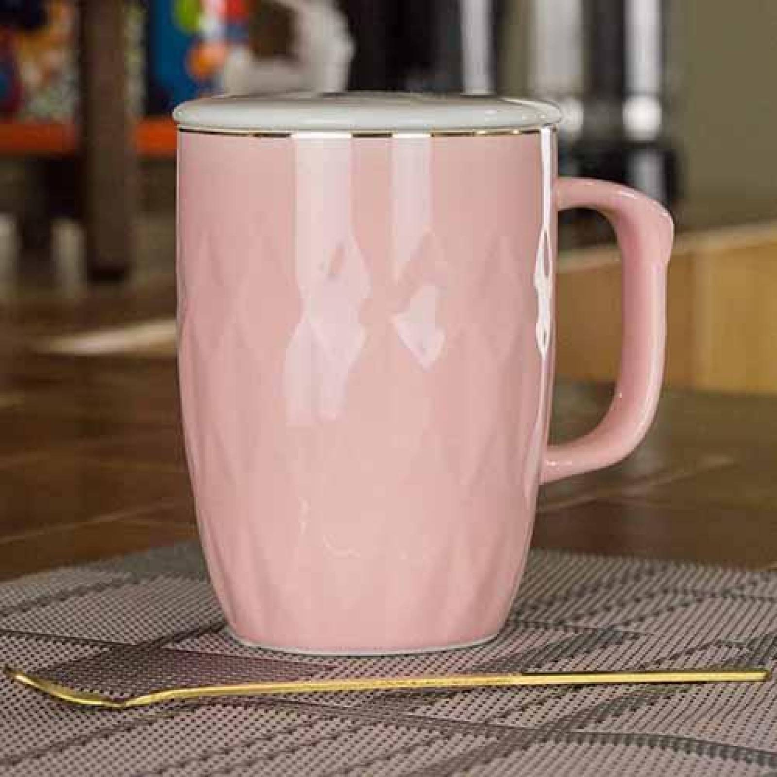 Taza con Cuchara y Tapa 350 ml Rosa