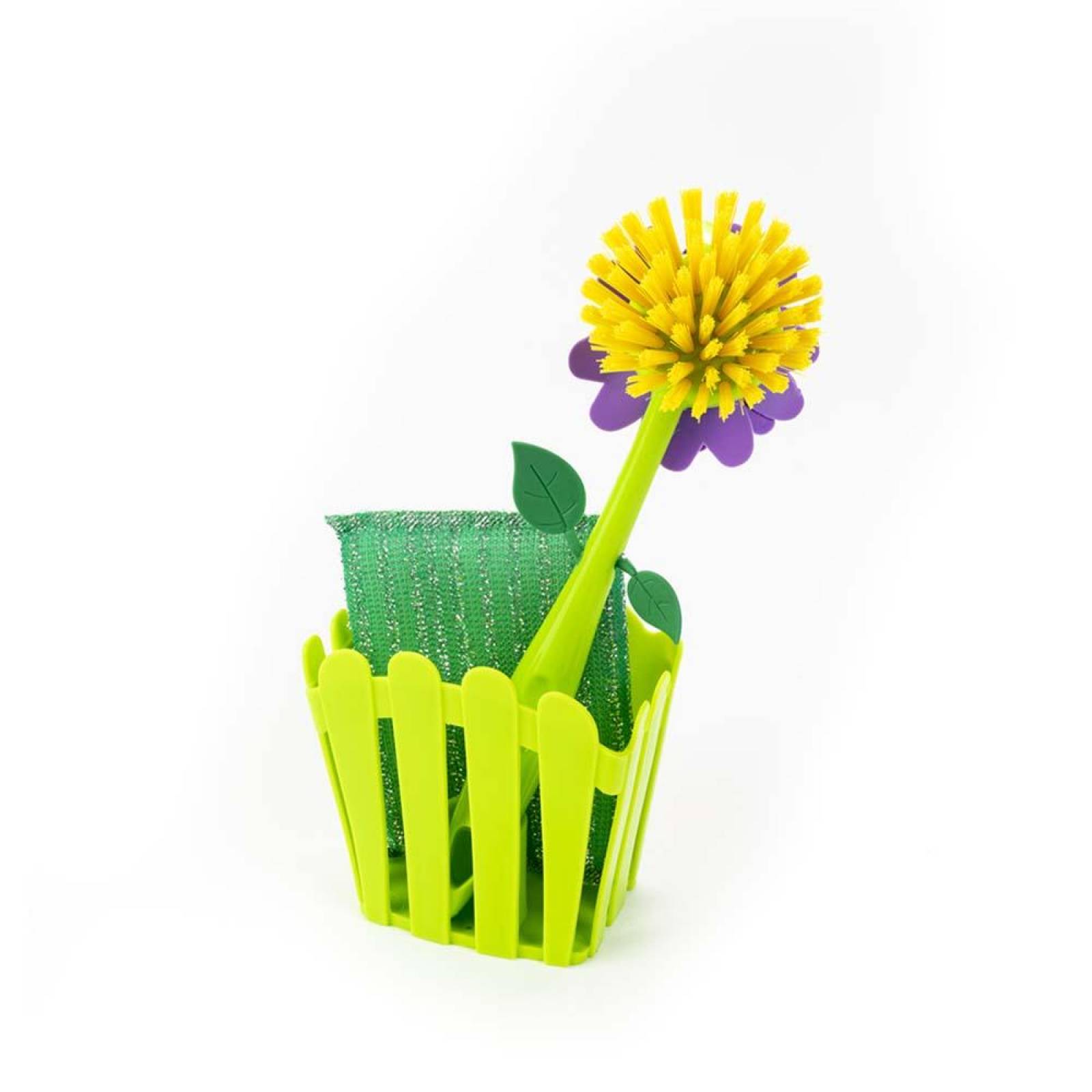 Cepillo de flor con esponja y canasta para cocina 