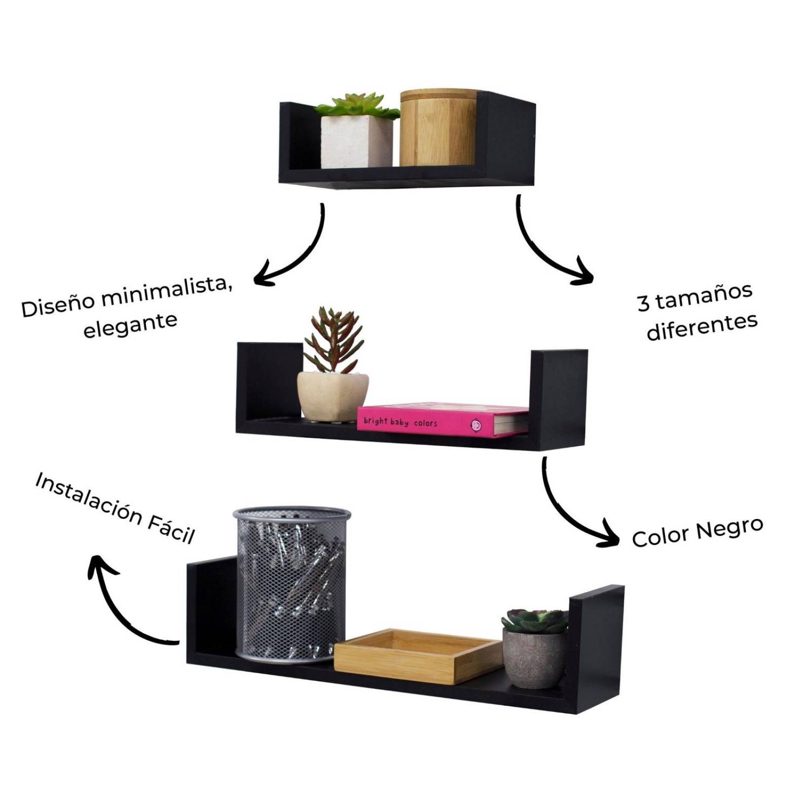 3 Repisas Flotantes Minimalistas Moderna Rectangular Negro