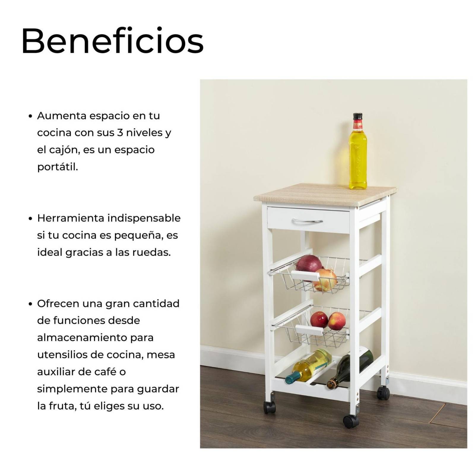 Carrito De Servicio Con Ruedas, 3 Niveles 