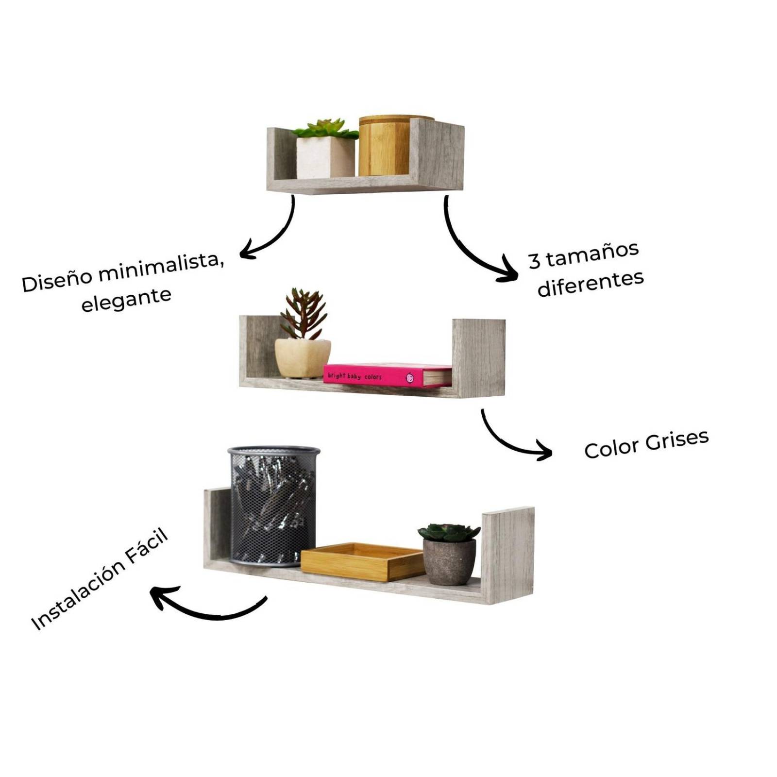 3 Repisas Flotantes Minimalistas Moderna Rectangular Gris 