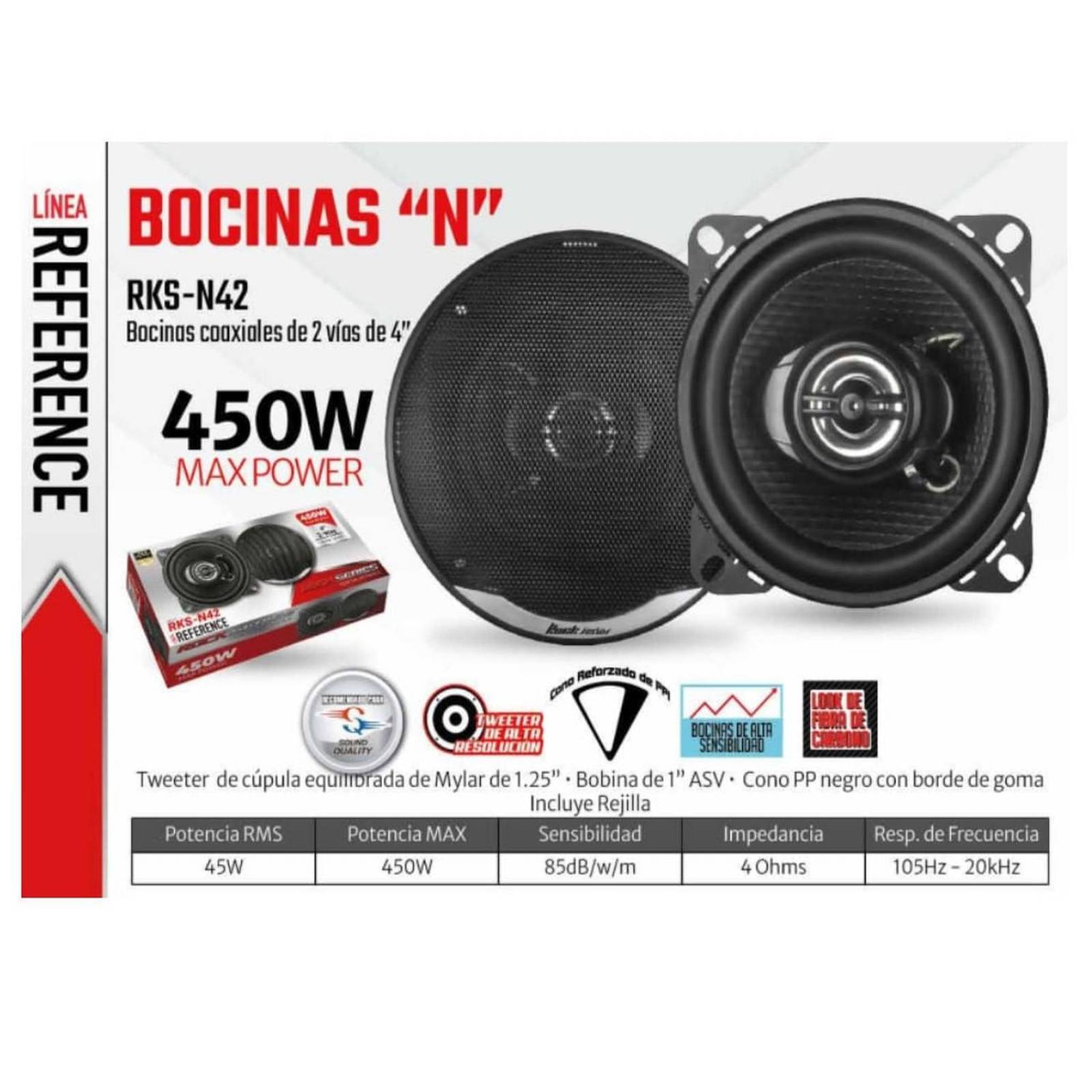 Bocinas Coaxiales Rock Series RKS-N42 450 Watts 4 Pulgadas 45 Watts RMS 2 Vías 