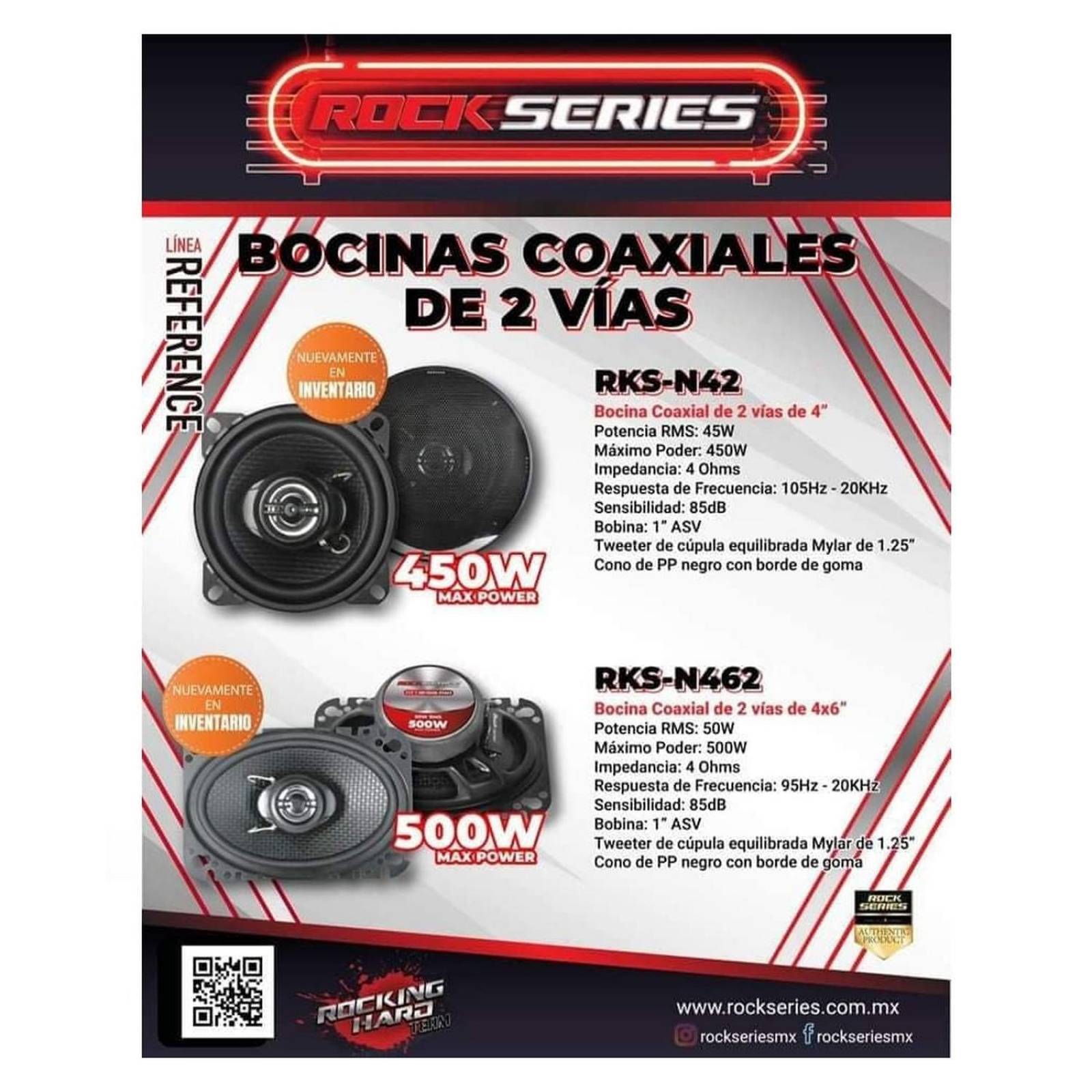Bocinas Coaxiales Rock Series RKS-N42 450 Watts 4 Pulgadas 45 Watts RMS 2 Vías 