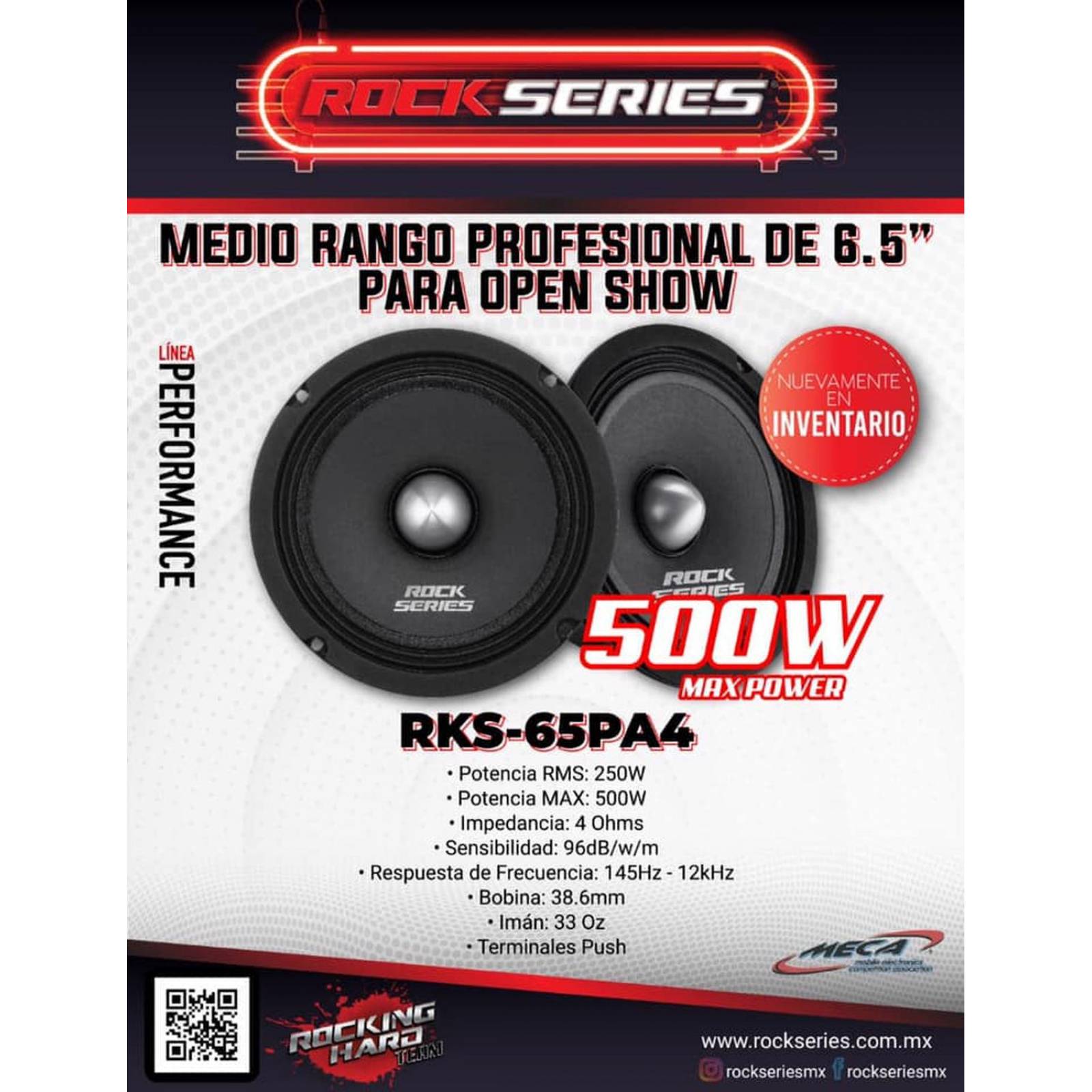 Par de Medios Rangos Open Show Rock Series RKS-65PA4 500 Watts 6.5 Pulgadas 4 Ohms Performance Serie 