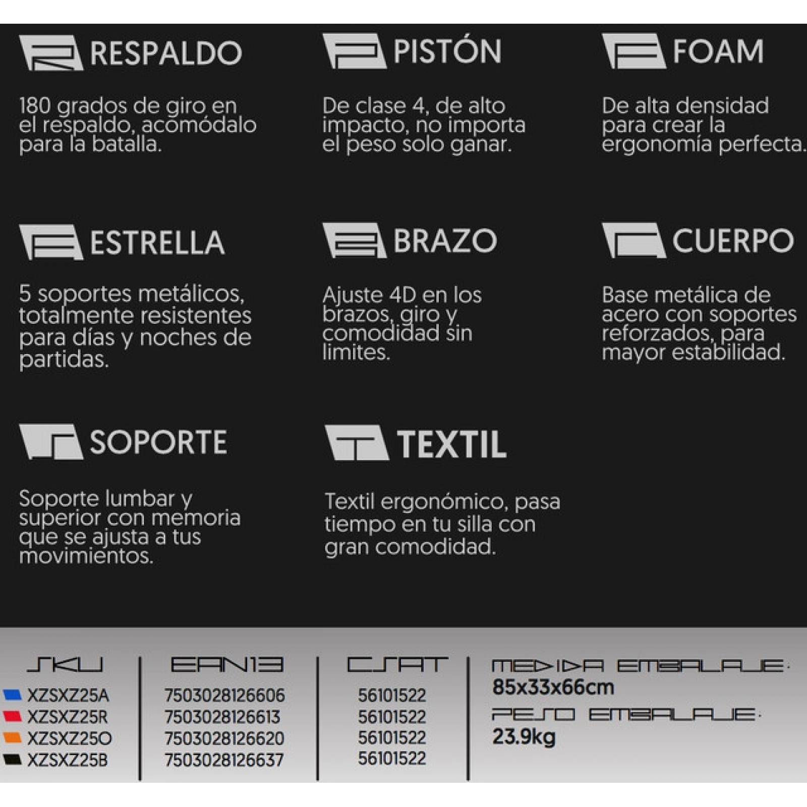 Silla Gamer Xzeal, base de acero, brazos ajustables, Multi-Inclinacion, soporte lumbar, respaldo Full-Lenght, Negro