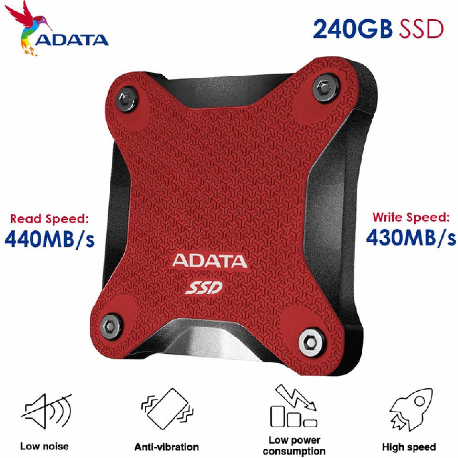 Disco Duro Externo SSD 240GB, ADATA SD600Q, 2.5 Pulgadas, USB 3.1, Color Rojo (ASD600Q-240GU31-CRD)