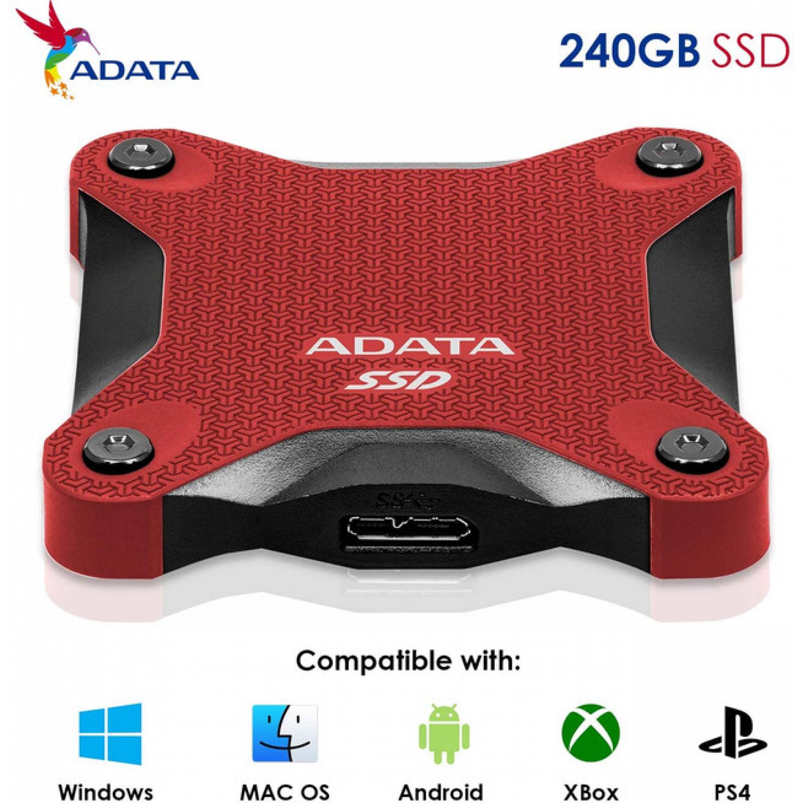 Disco Duro Externo SSD 240GB, ADATA SD600Q, 2.5 Pulgadas, USB 3.1, Color Rojo (ASD600Q-240GU31-CRD)