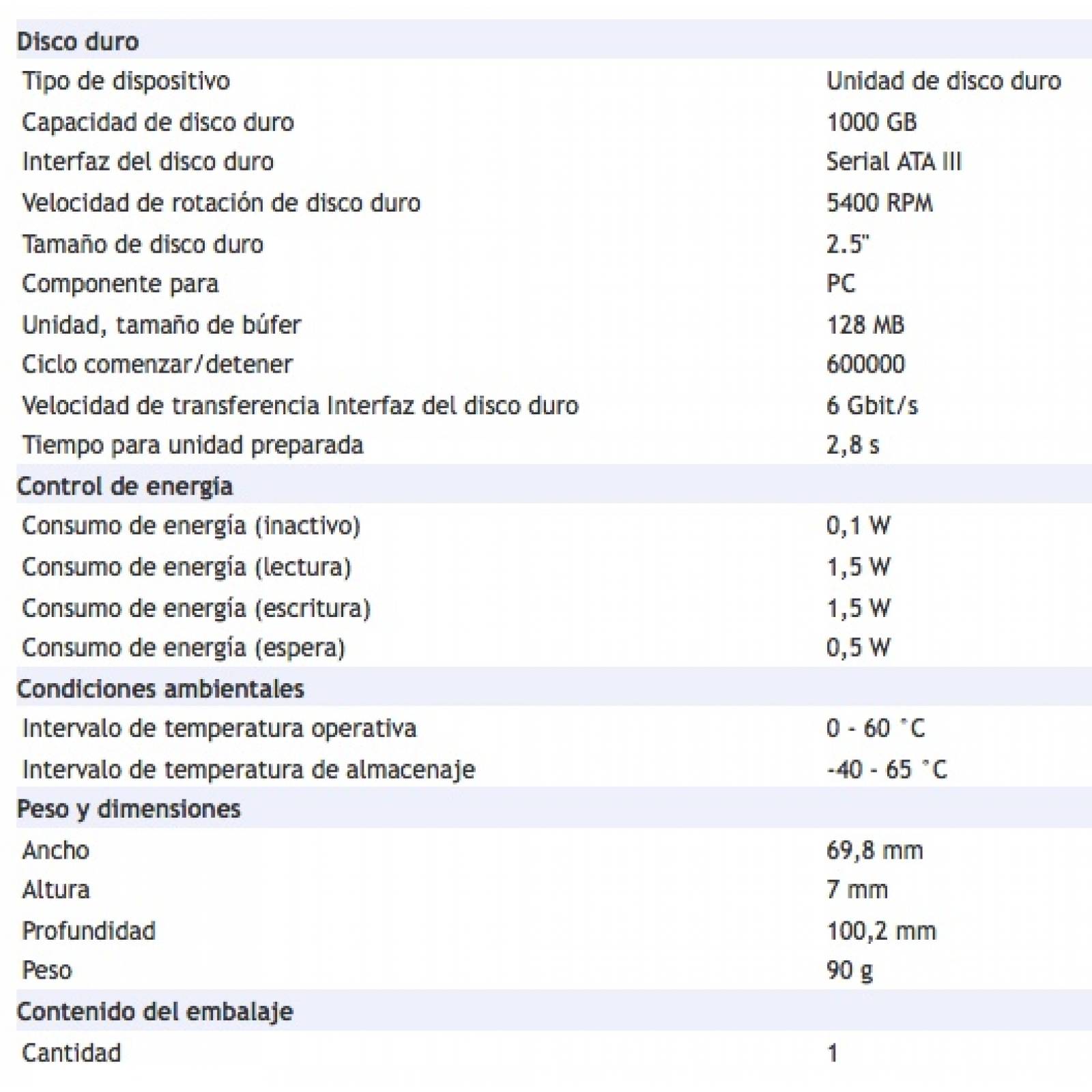 Disco Duro Interno 2.5" Western Digital 1TB (WD10SPZX-22Z10T1) Serial ATA III, 6Gbps, 5400 RPM, Bufer 128MB