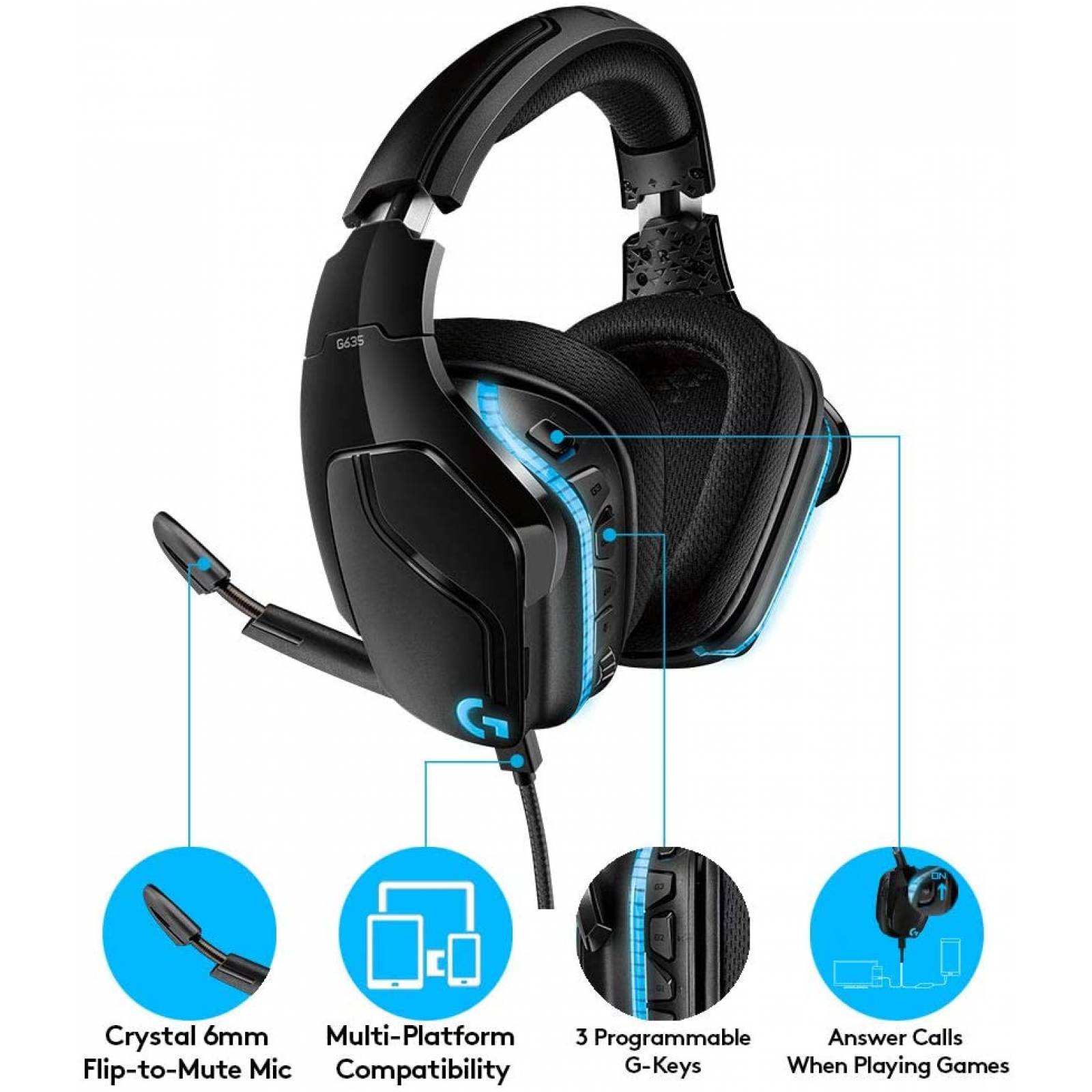 Diadema Gaming Logitech G635, 7.1Ch, Micrófono, 3 Botones Programables, Iluminación RGB LightSync, Almohadillas 50mm De Malla Deportivas, Usb/3.5mm