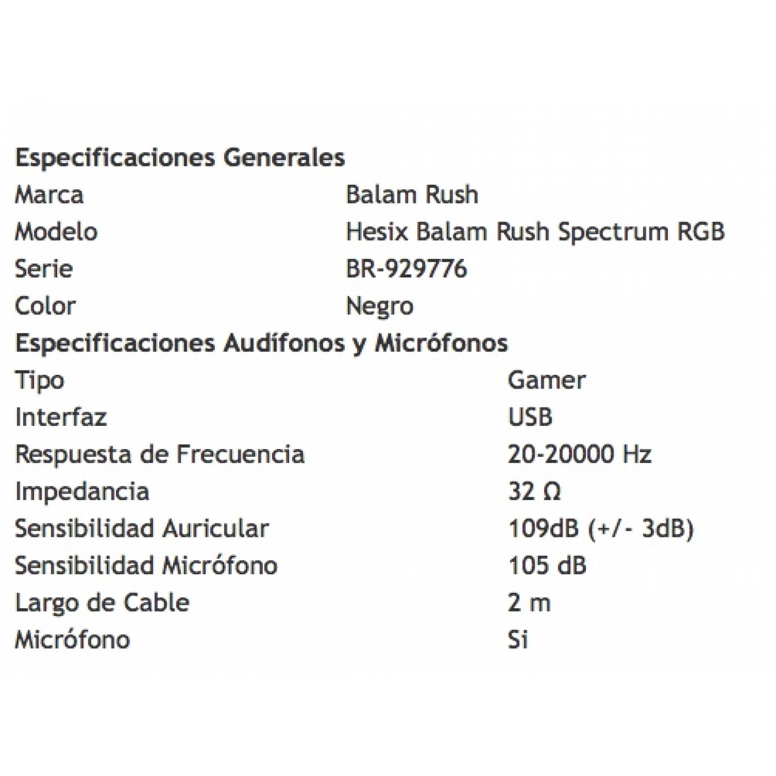 Diadema Gaming Balam Rush Hesix, Microfono Desmontable y Flexible, 7.1 Canales Virtual, Luz RGB Spectrum, Usb, Color Negro (BR-929776)