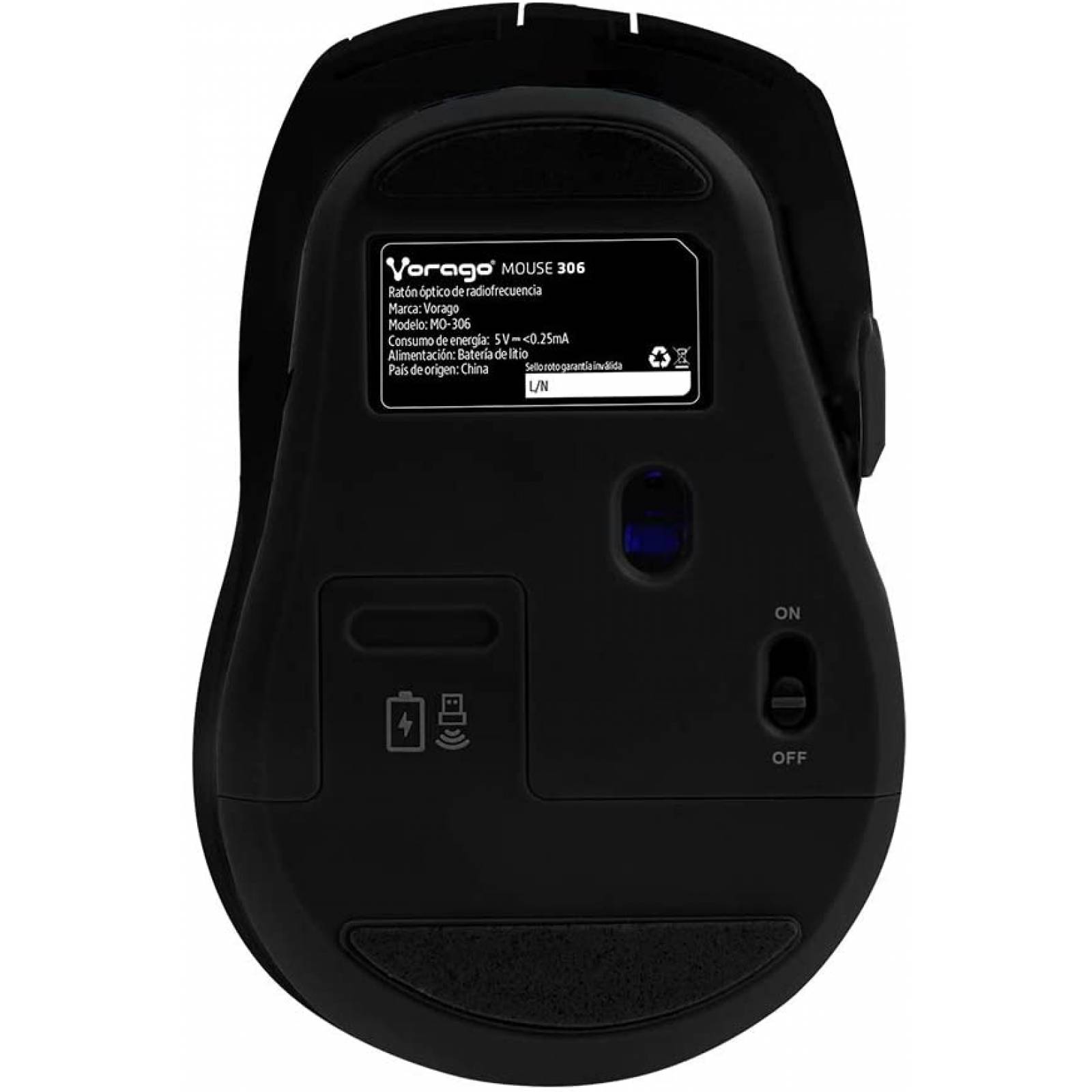 Mouse Optico Inalambrico Negro Vorago MO-306-BK, 5 botones, 800-2400 DPI, mini adaptador inalambrico USB, bateria recargable integrada, ergonomico