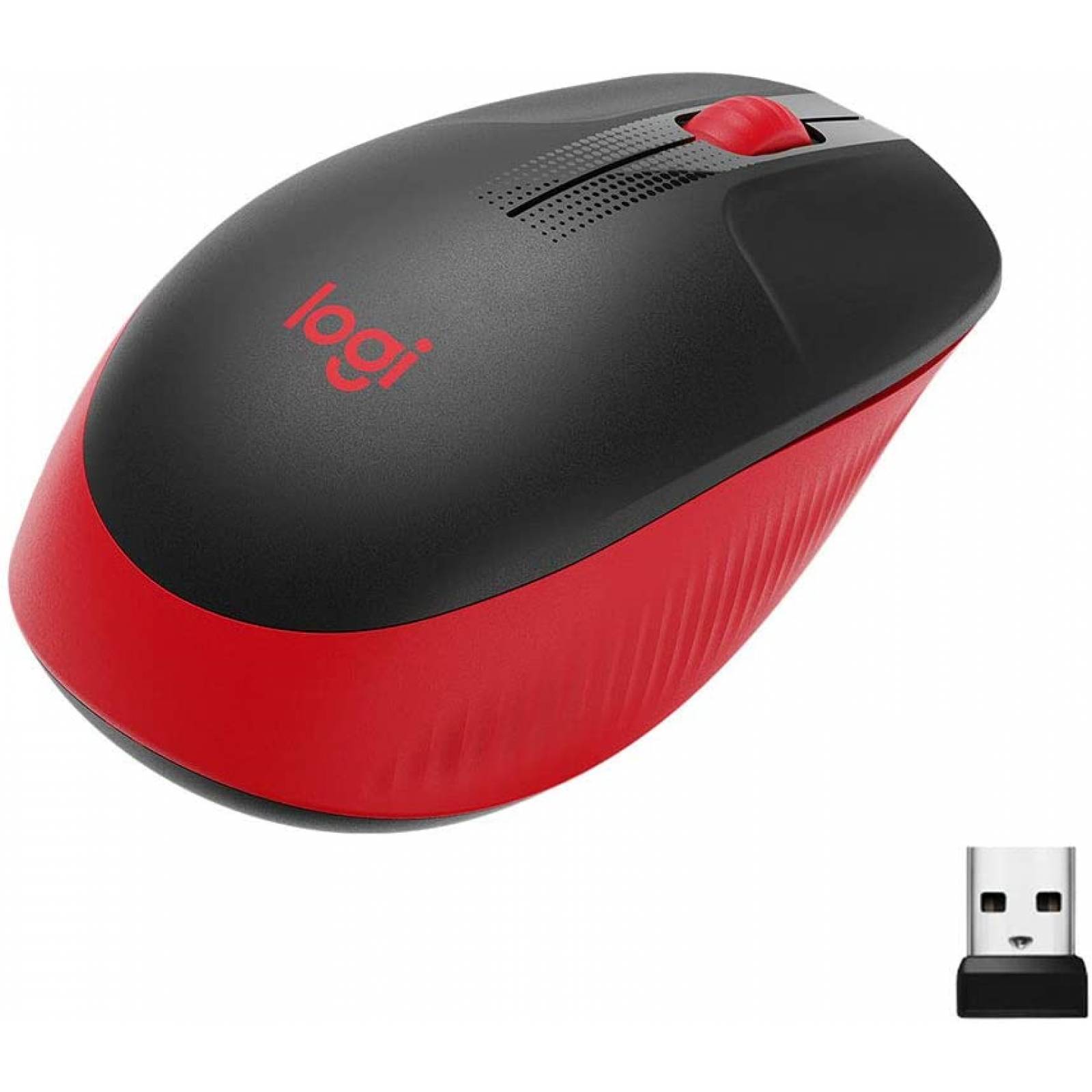 Mouse Optico Inalambrico Logitech M190 Negro con Rojo, Ambidiestro, 1000 dpi, 3 botones, (910-005904)