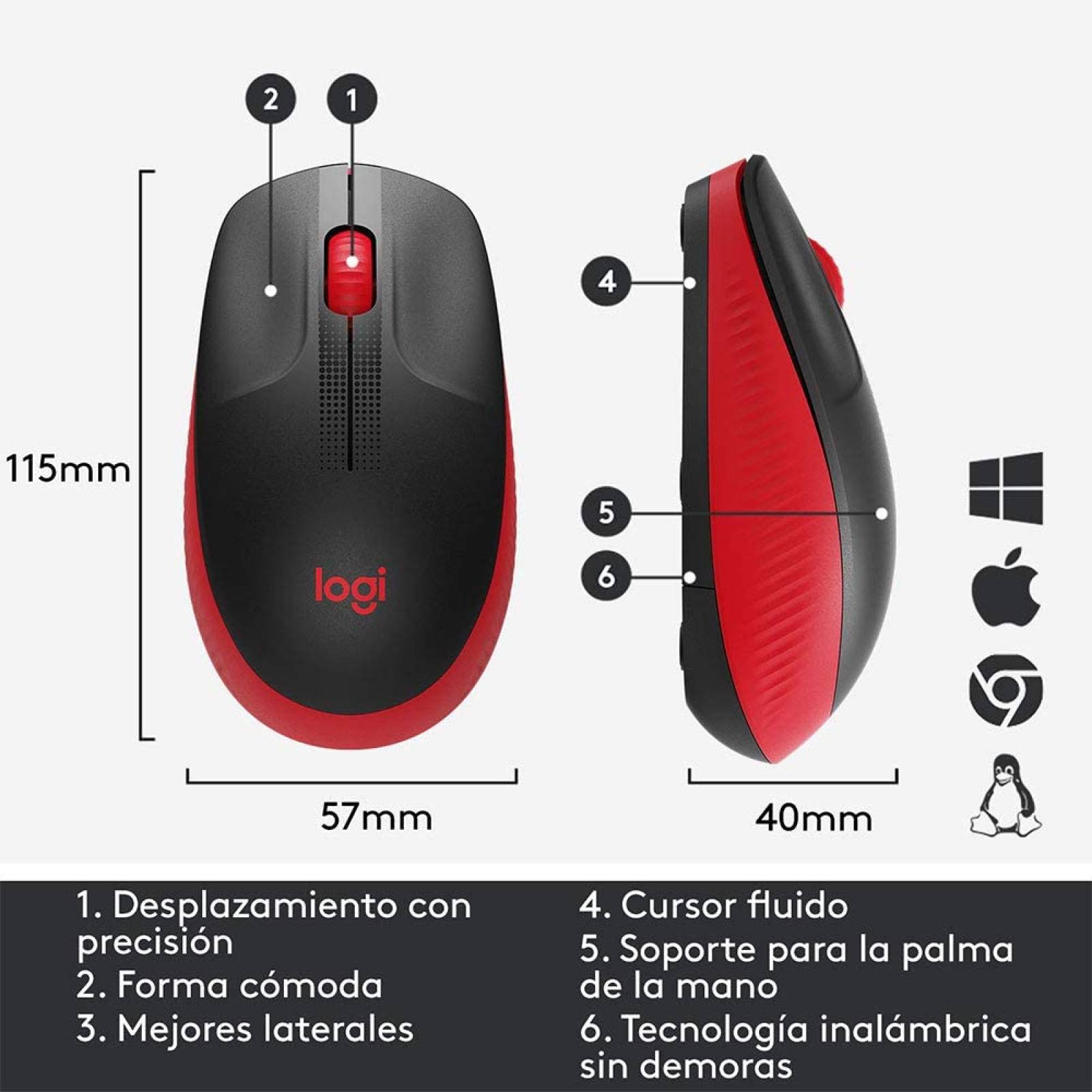 Mouse Optico Inalambrico Logitech M190 Negro con Rojo, Ambidiestro, 1000 dpi, 3 botones, (910-005904)