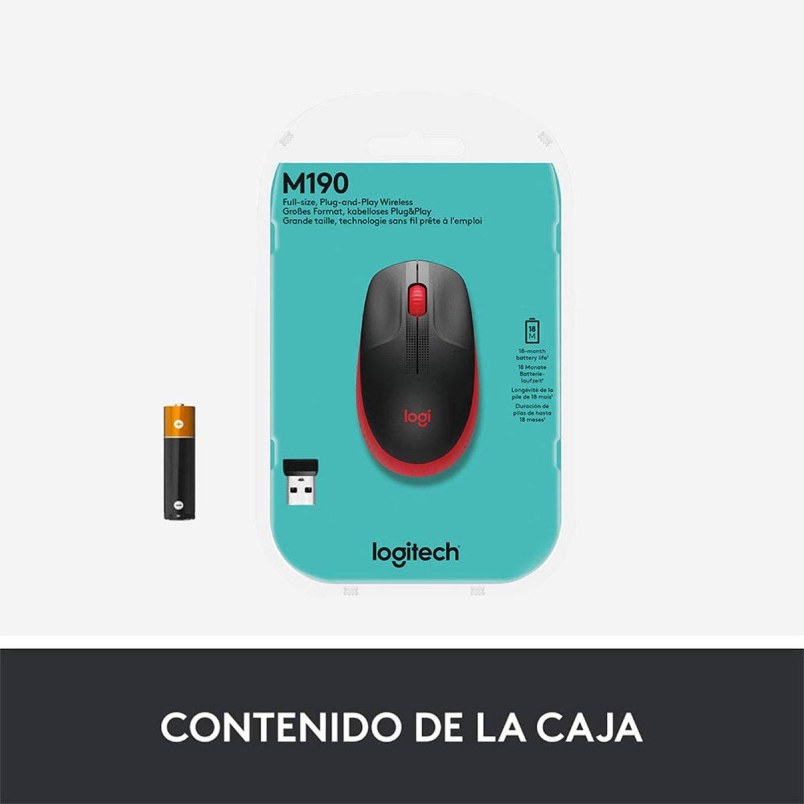 Mouse Optico Inalambrico Logitech M190 Negro con Rojo, Ambidiestro, 1000 dpi, 3 botones, (910-005904)