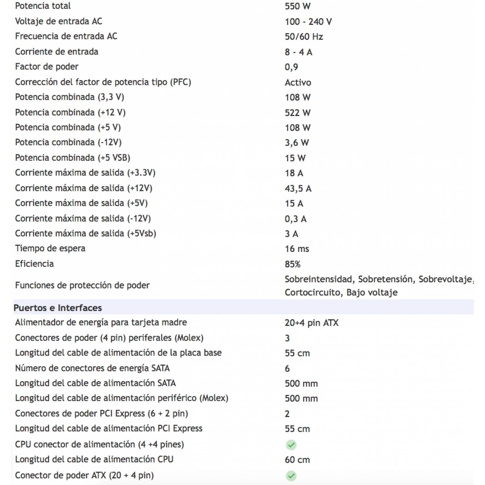 Fuente de Poder Gigabyte P550B, 550W, Voltaje de Entrada AC 100 - 240 V, 20+4 pin ATX, Certificación 80 PLUS Bronze, (GP-P550B)