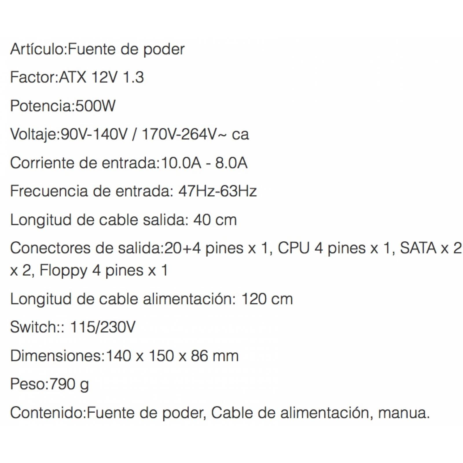Fuente de Poder Vorago (PSU-101), ATX 12V 1.3, 500 W, 20+4 pin