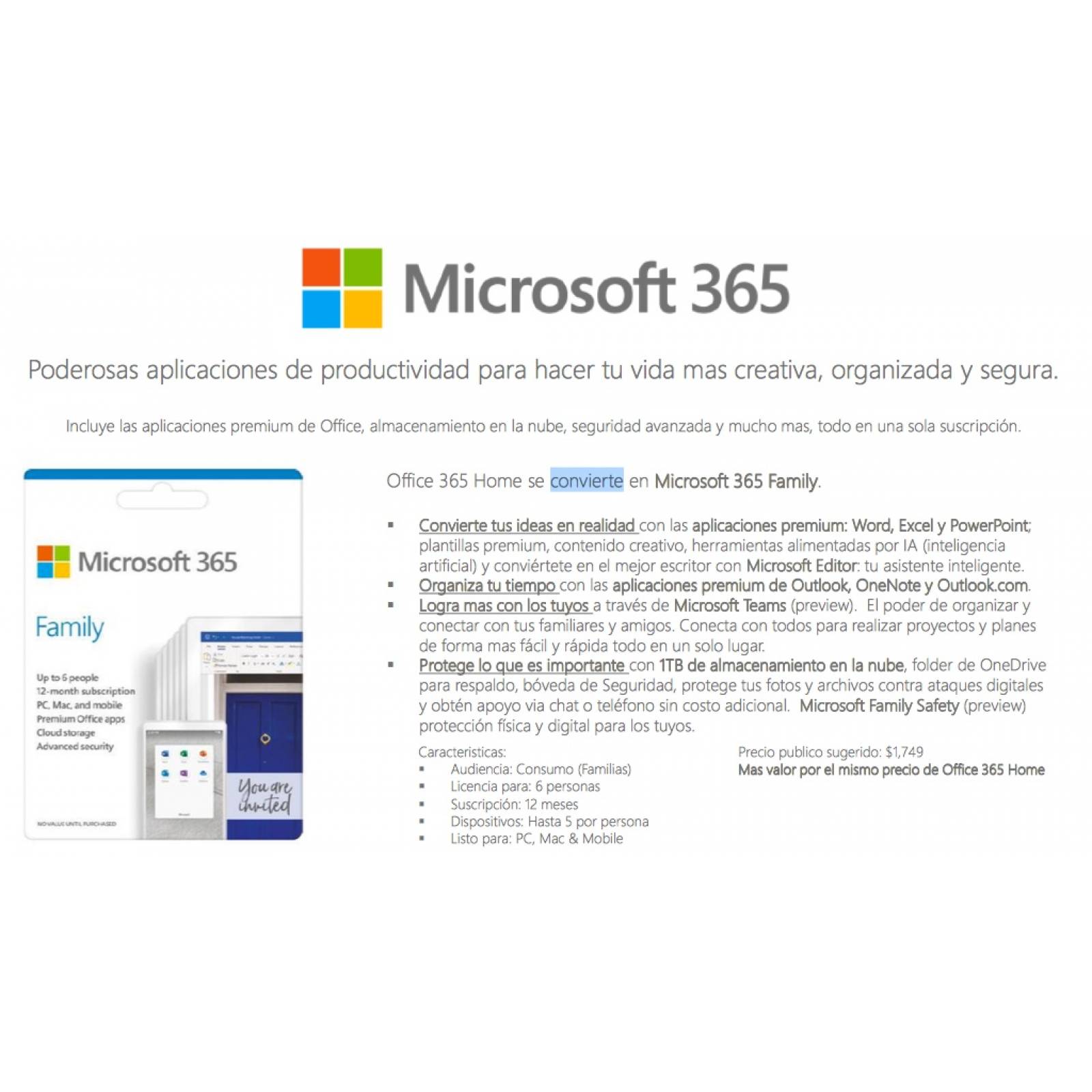 Microsoft Office 365 Family, para 6 personas, 5 dispositivos cada uno, Licencia electrónica ESD (6GQ-00088) No devolución-No Cancelación