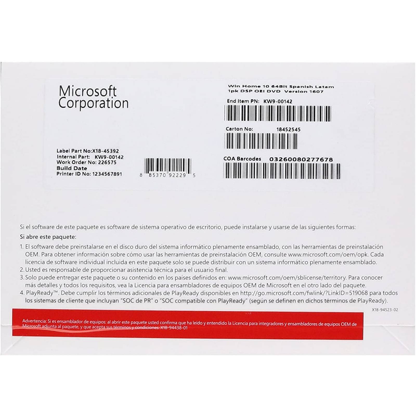Licencia Microsoft Windows 10 Home (KW9-00142) 64Bit Español Latinoamerica, OEI, Dvd OEM (solo para equipo nuevo, no cambios ni devoluciones)