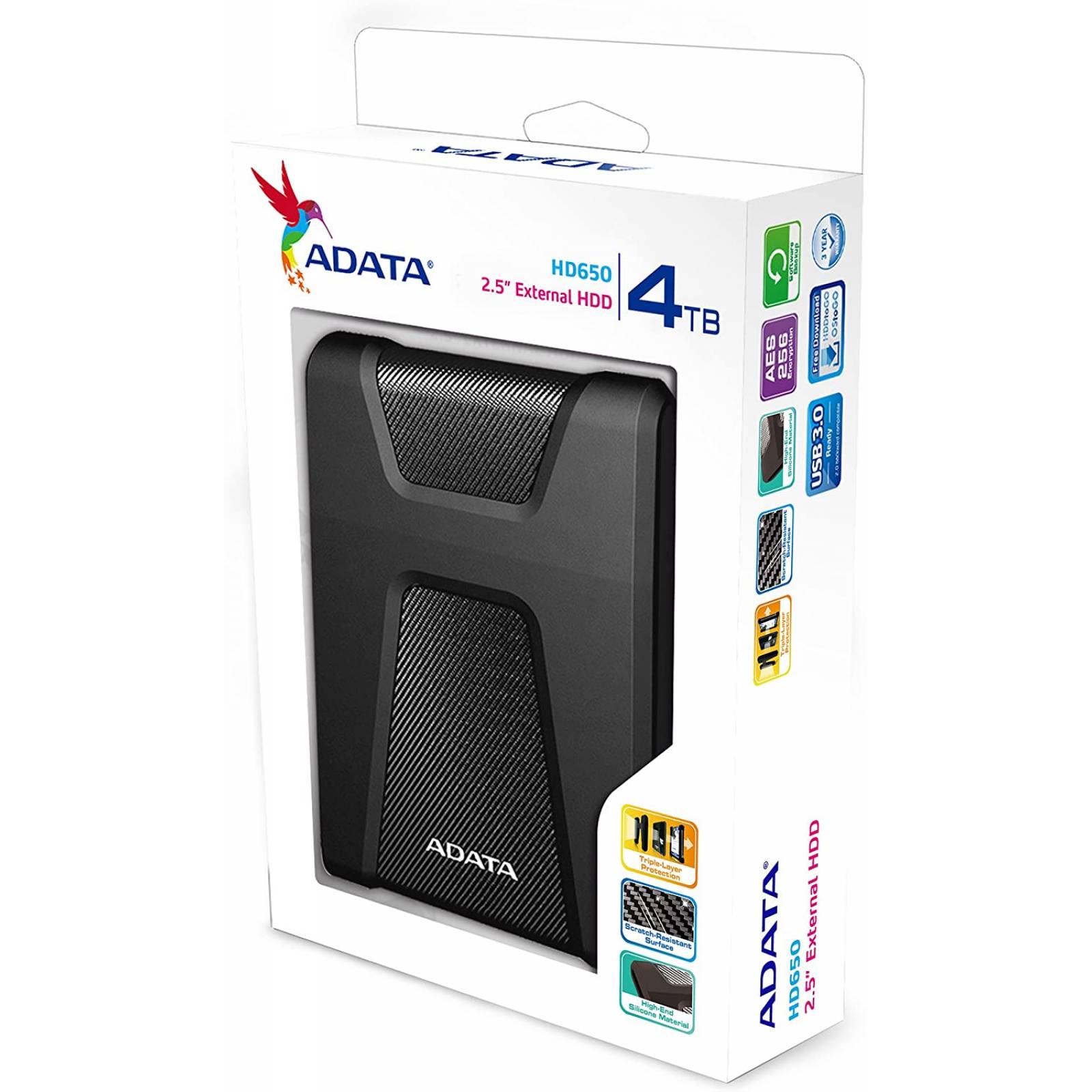 Disco Duro Externo ADATA HD650, 4TB, Usb 3.1, 2.5", Silicon, Color Negro (AHD650-4TU31-CBK)