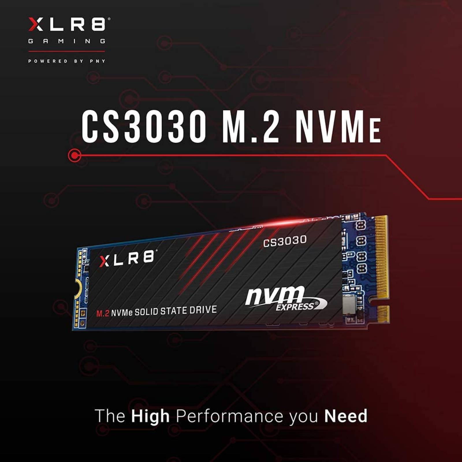 Unidad de Estado Solido M.2 PNY CS3030 XLR8 Gaming, 250Gb, NVMe PCI-e Gen 3x4, Escritura 1050 MB/s, Lectura 3500 MB/s (M280CS3030-250-RB)