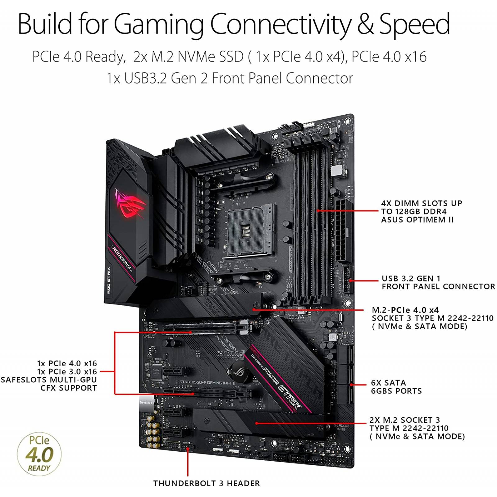 Tarjeta Madre ASUS, ROG STRIX B550-F GAMING Socket AM4 3rd Gen AMD Ryzen, 6 SATA 6Gb, 2xUSB 3.2 Gen 2, 4xUSB 3.2 Gen 1, 2xUSB 2.0, 1xPCIe, 1 HDMI, ATX