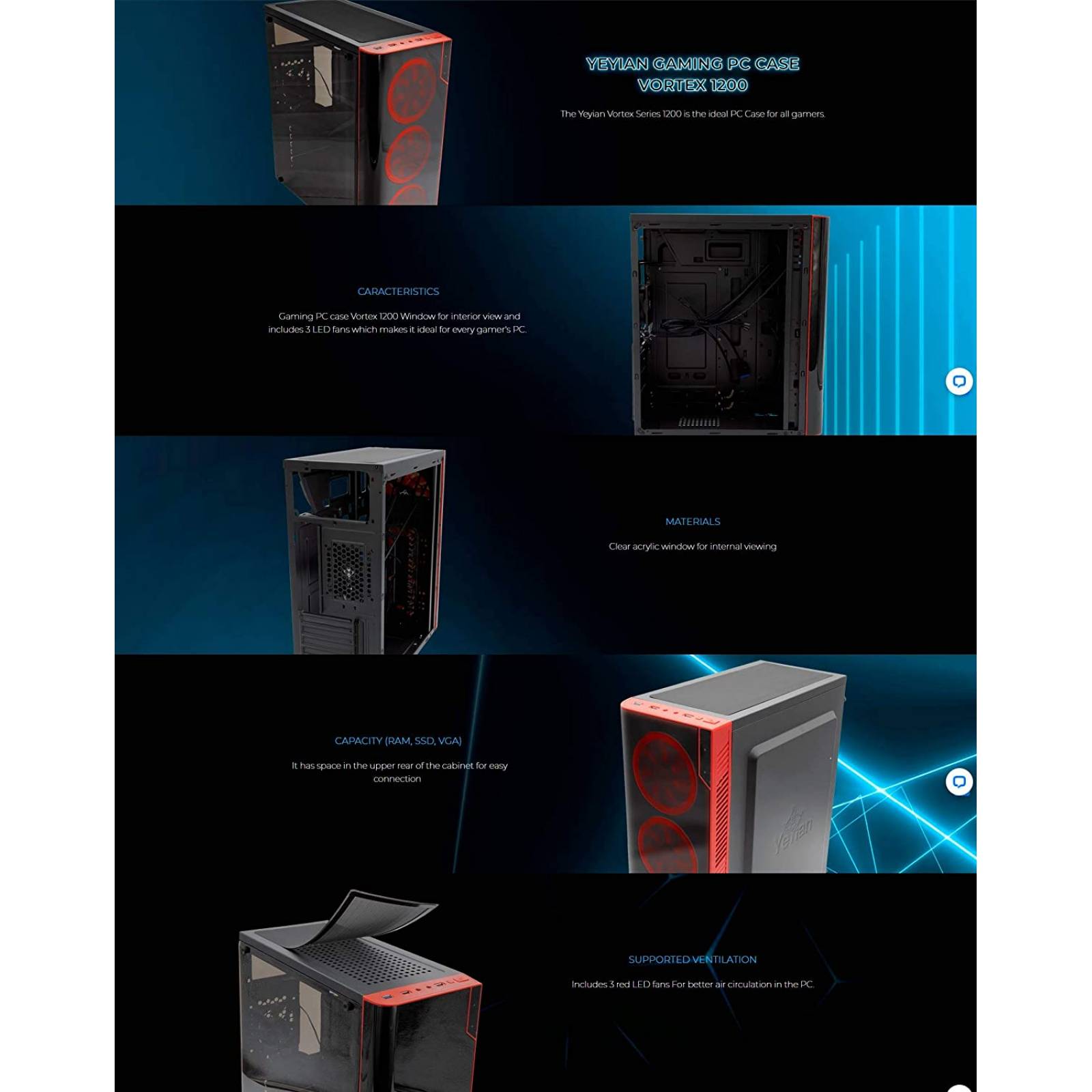 Gabinete Gaming Yeyian Vortex 1200, Soporta ATX, diseño estético en acrílico, Incluye 3 ventiladores Led, Negro