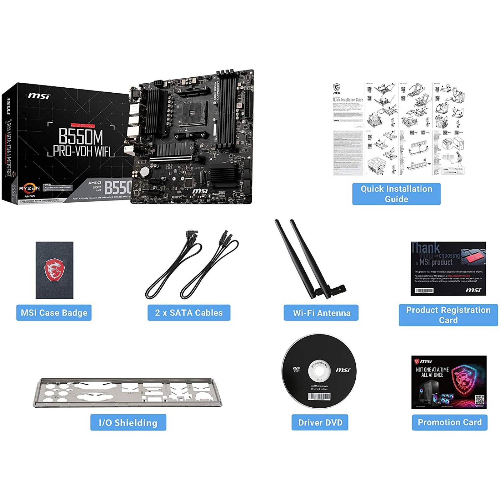 Tarjeta madre MSI B550M PRO-VDH WIFI, Socket AM4, 4xDDR4-SDRAM, 4xSATA III, 4xUSB 3.0, 2 USB 2.0, 1xHDMI, 1xVga, 1xDP, micro ATX.