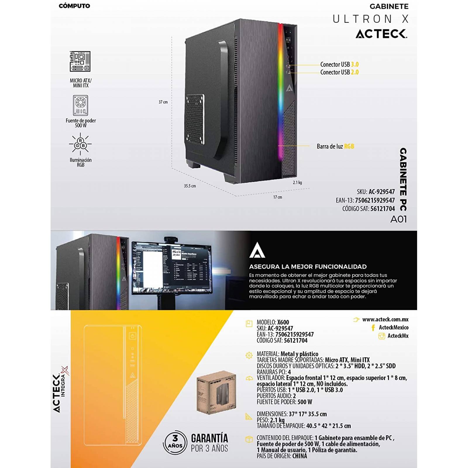 Gabinete para PC Acteck Ultron X600 Micro Torre, Soporta T. Madre micro ATX, Mini-ITX, Fuente de poder 500w, RGB, Negro
