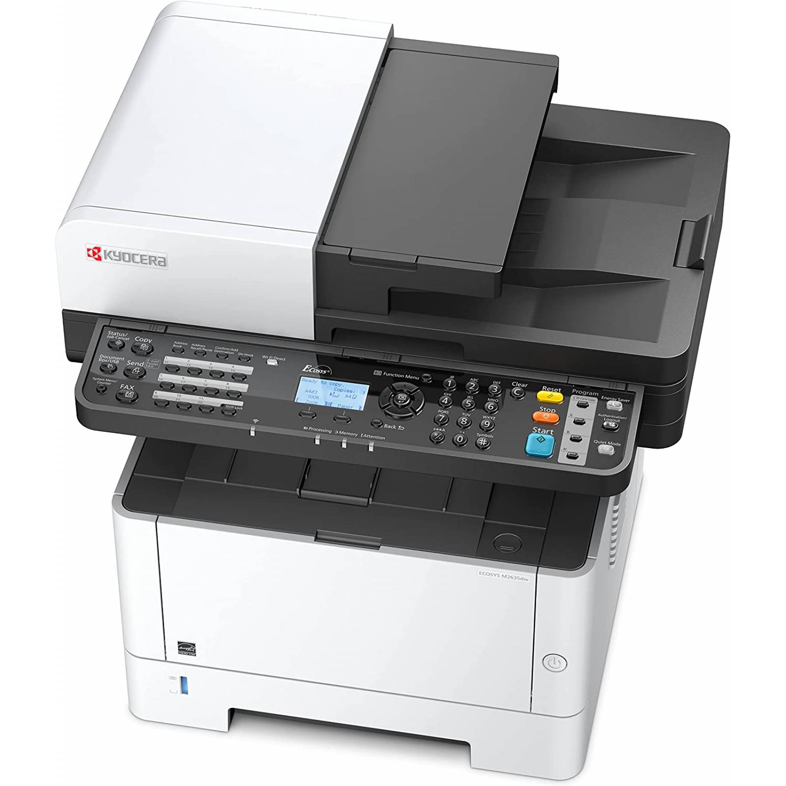Multifuncional láser KYOCERA M2635dw 4 en 1 monocromático A4 - carta/oficio, 37 PPM.  1, 200 x 1, 200 DPI. Cama plana Oficio. ADF 50 hojas Duplex estándar, Wi