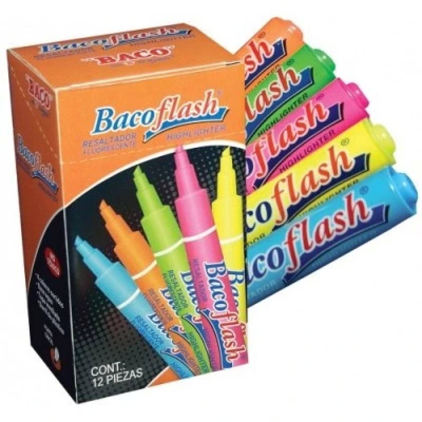 Resaltador BACO BACOFLASH 99341 Amarillo. Plegadiza con 12 piezas. Marcador de tinta fluorescente a base agua NO TOXICO. -