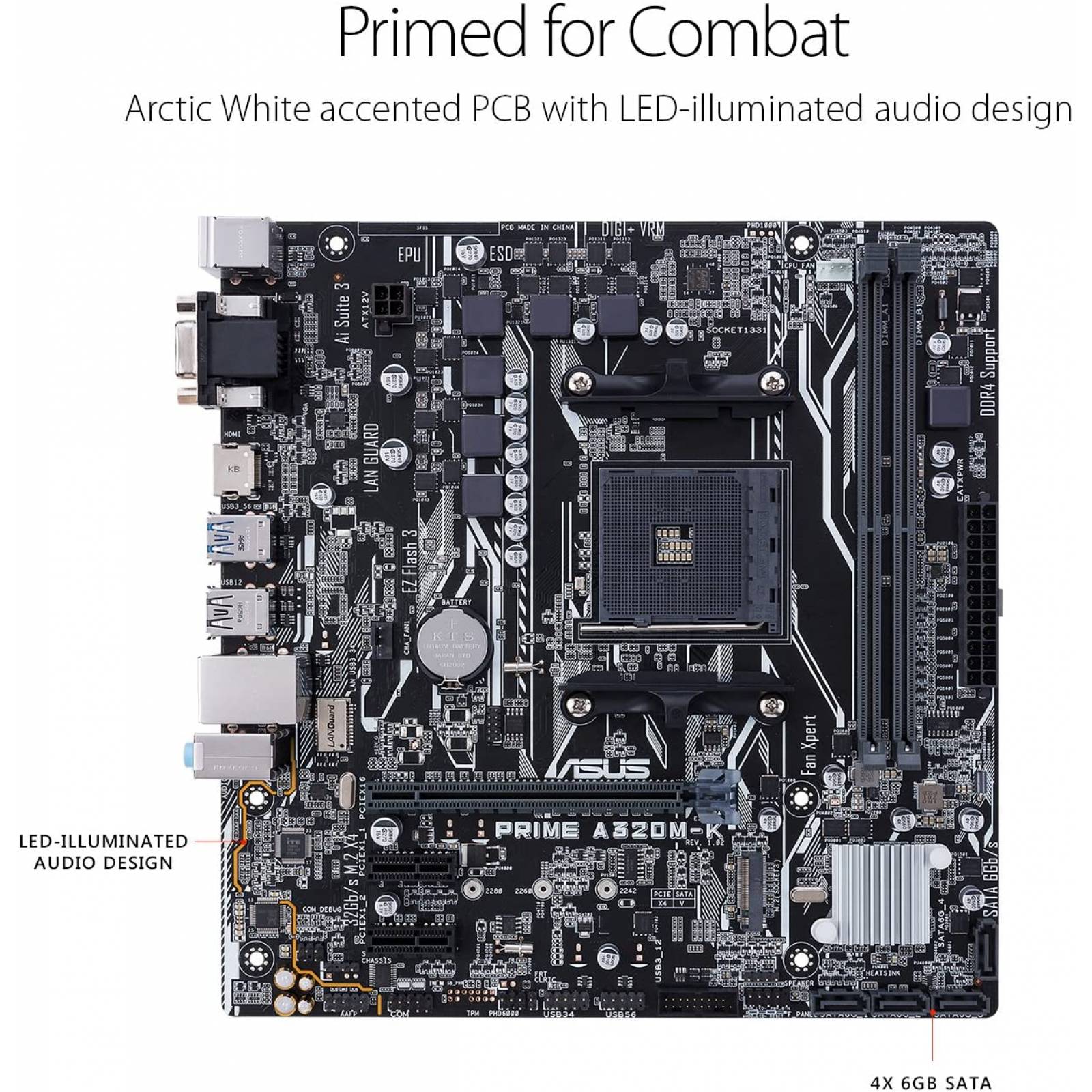 Tarjeta Madre ASUS PRIME A320M-K AM4 2 DDR4 1 Pci-E 3.0 x16 2 Pci-E 2.0 x1 Vga Hdmi M.2 Audio 8Ch HD 6x Usb 3.1 6x Usb 2.0