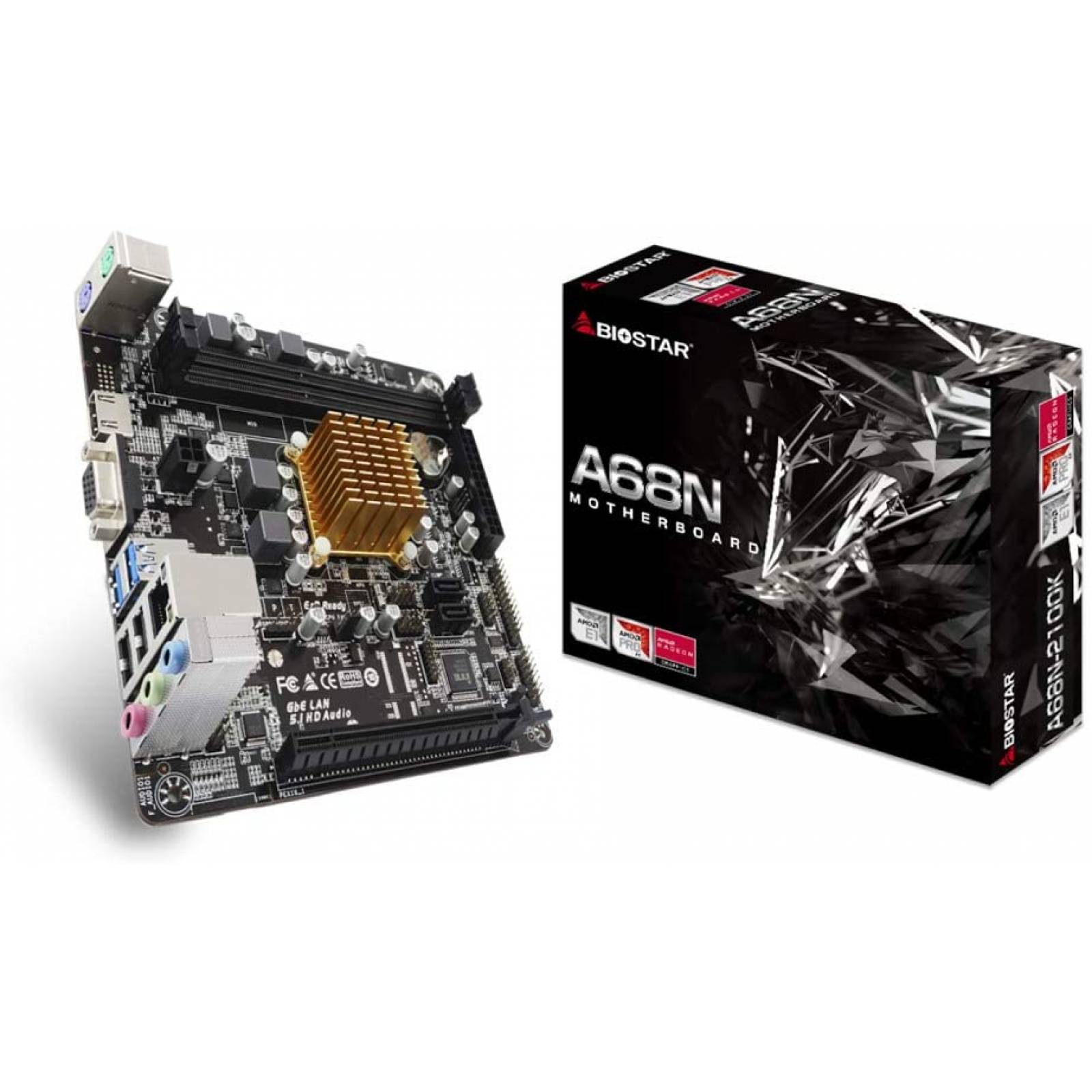Tarjeta Madre Biostar A68N-2100K AMD E1-6010 2xDIMM DDR3 DDR3L 2xSATA III 1xPCI-E 2.0X16 1xHDMI 1xVGA 2xUSB 3.2 Gen1 1xGigabit LAN