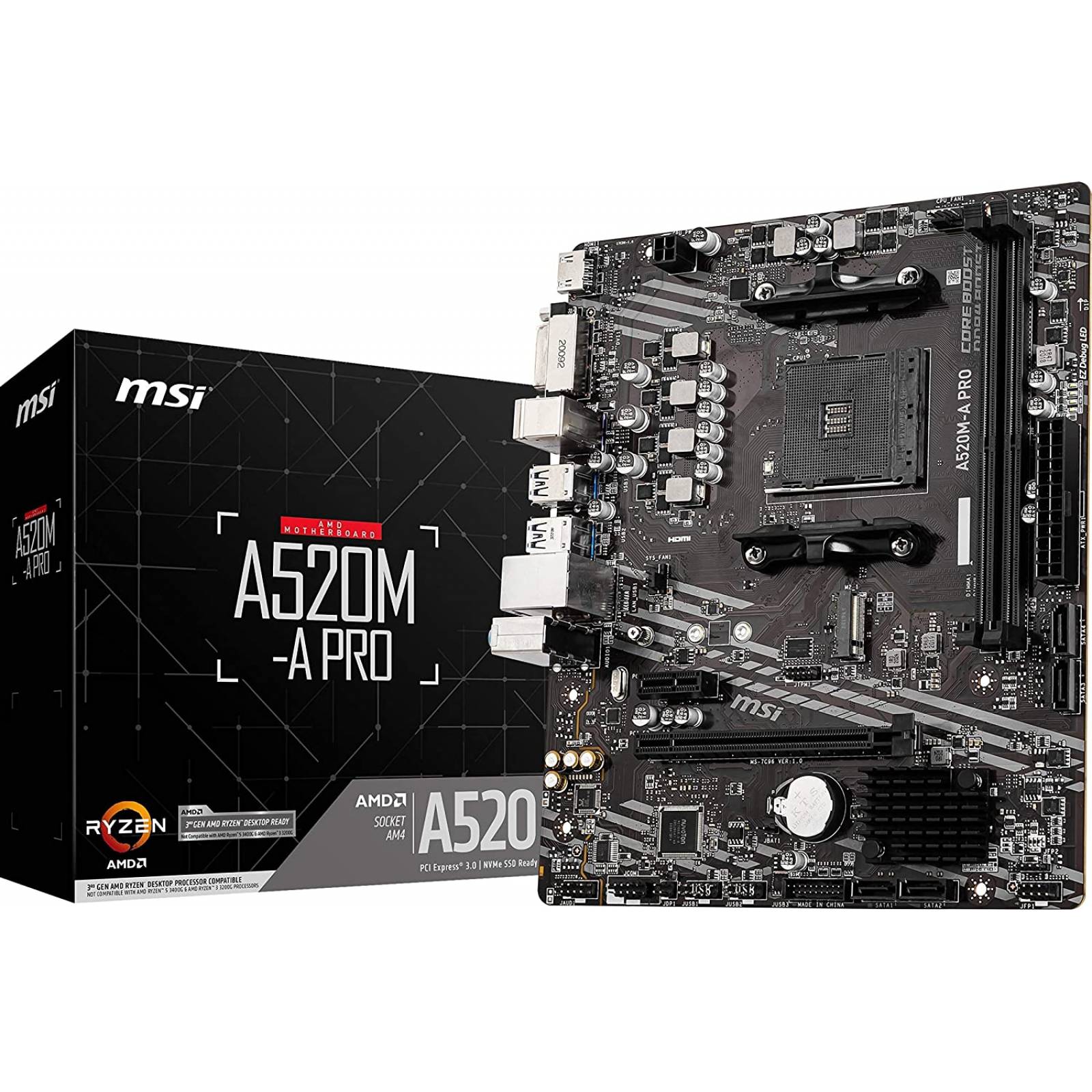 Tarjeta Madre MSI A520M-A PRO Socket AM4 3rd Gen Ryzen 2xDDR4 4600MHz 1xPCI-E 3.0x16 1xM.2 Gen3x4 4xSATA 6Gb 6xUSB3.2 1xHDMI DVI-D