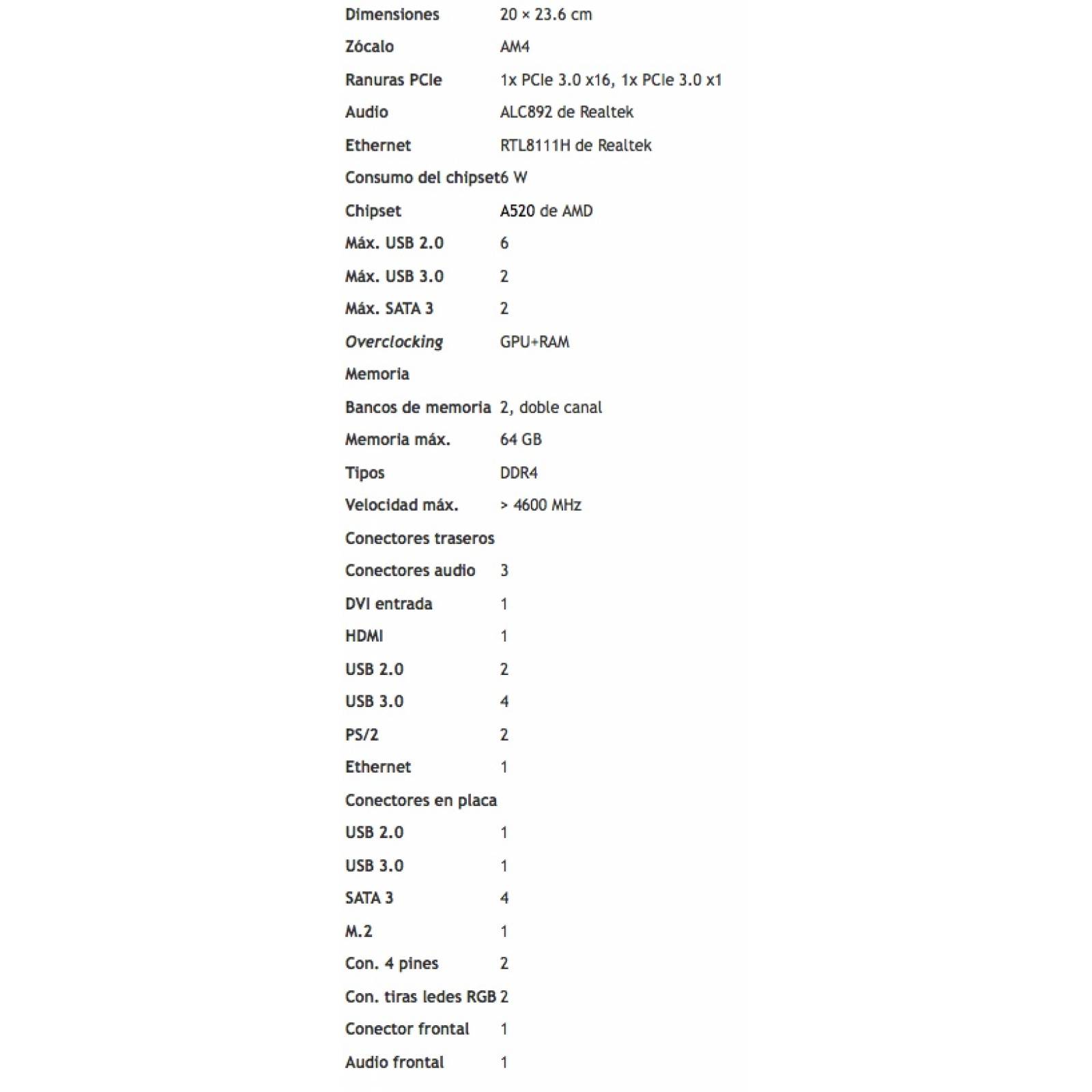 Tarjeta Madre MSI A520M-A PRO Socket AM4 3rd Gen Ryzen 2xDDR4 4600MHz 1xPCI-E 3.0x16 1xM.2 Gen3x4 4xSATA 6Gb 6xUSB3.2 1xHDMI DVI-D