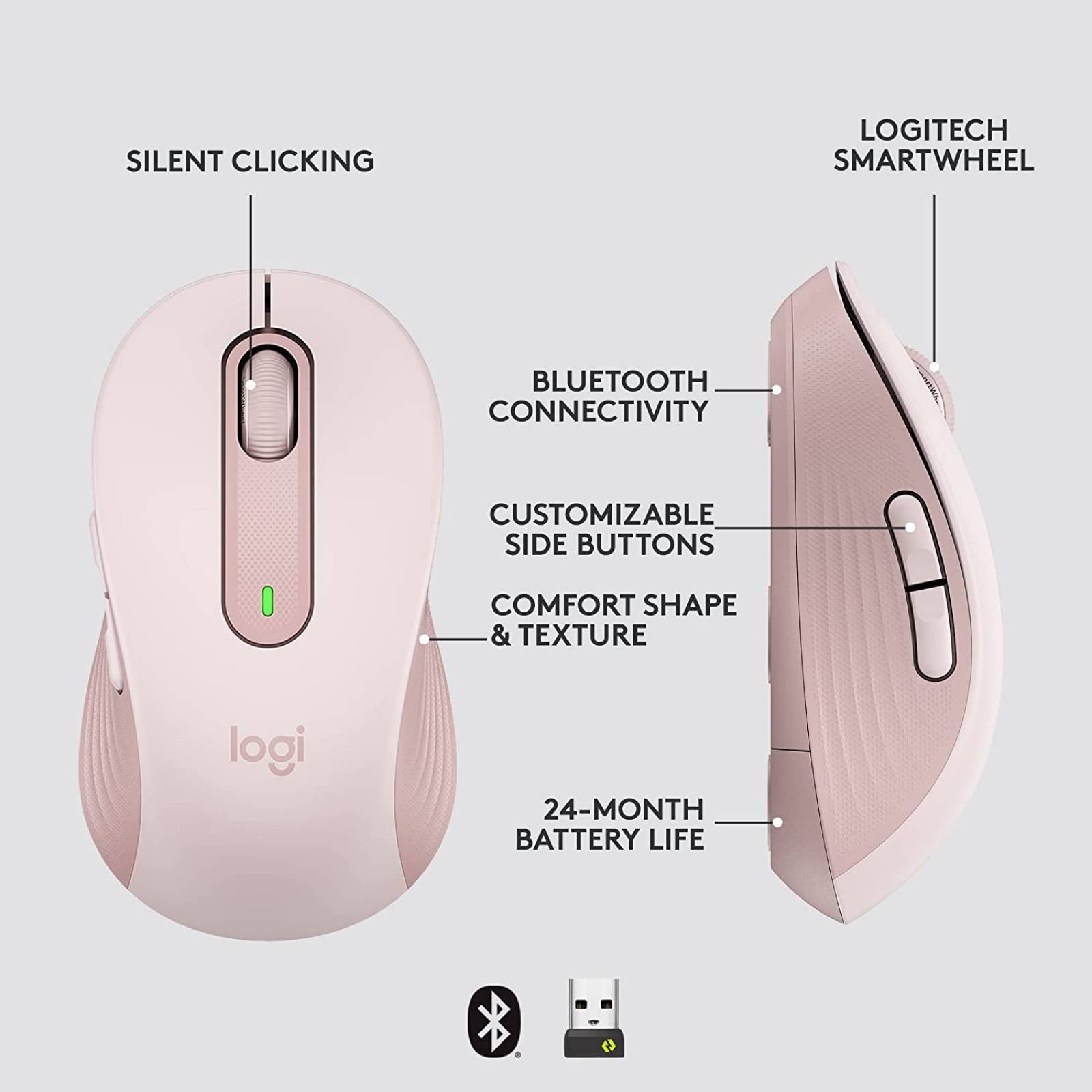MOUSE LOGITECH M650 BT USB SILENT M. DERECHA MED ROSA 910006251