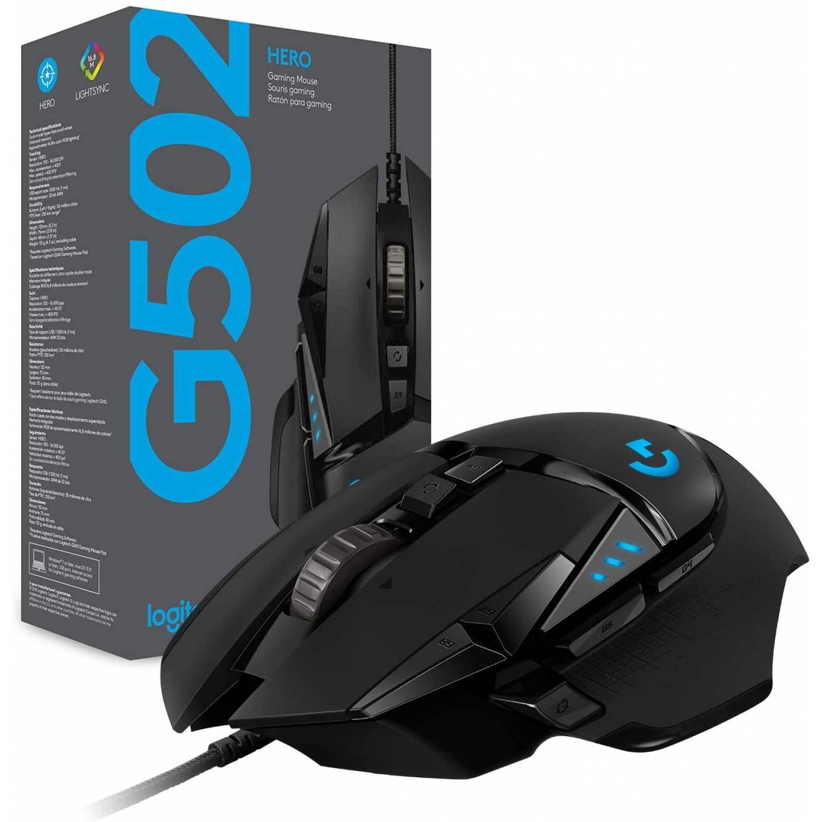 Mouse Logitech Gaming G502 Hero RGB, 10016.000 dpi, Cinco pesas de 3.6 gramos, Velocidad de respuesta 1 ms, sensor Hero, 11 botones programables