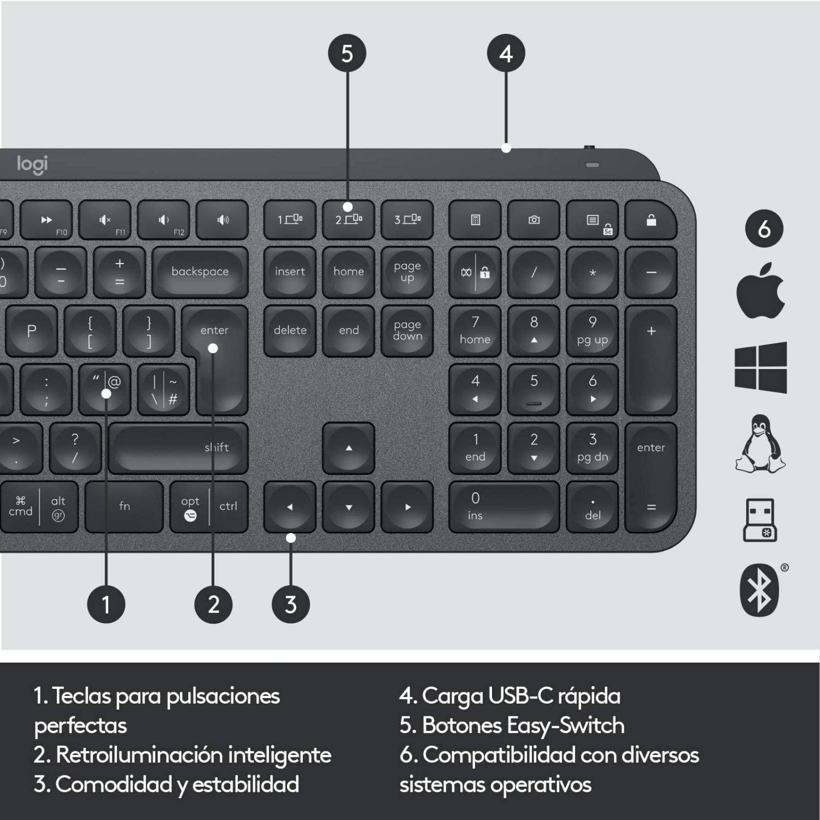 Teclado Inalámbrico LOGITECH MX Keys  Negro, Bluetooth