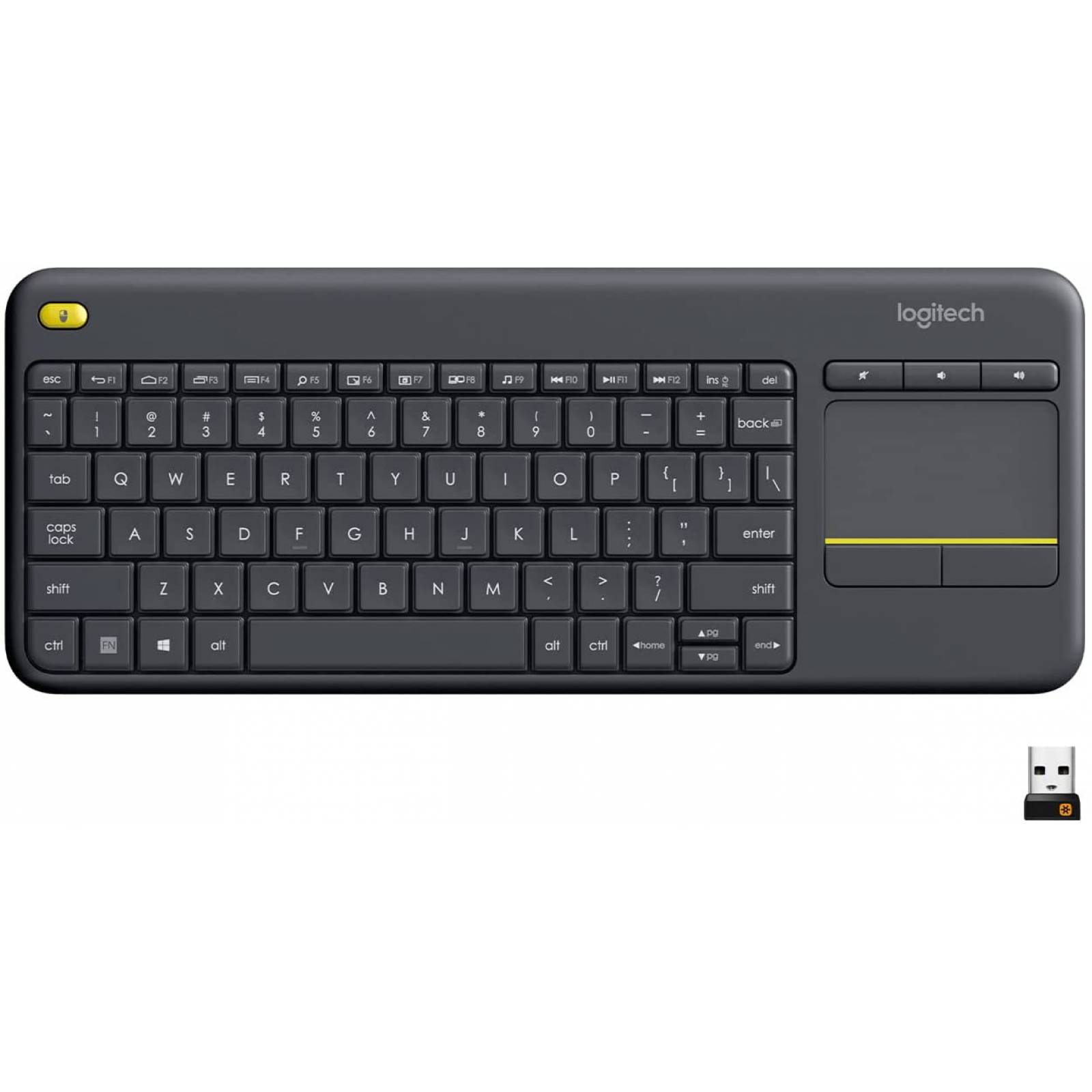 Teclado Inalámbrico Logitech K400 Plus, Touchpad integrado, 10 metros de alcance, teclas multimedia, Negro, Español, RF Unify
