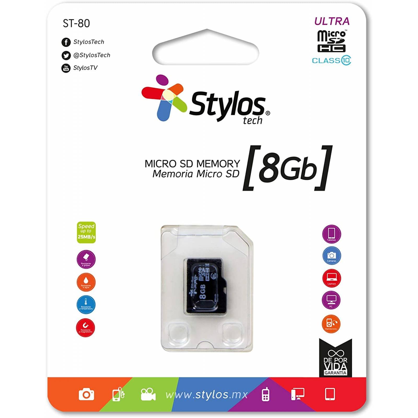 Memoria Micro SD 8GB Stylos  STMSDS1B  8 GB, 13MBs, 5 MBs, Negro, Clase 10