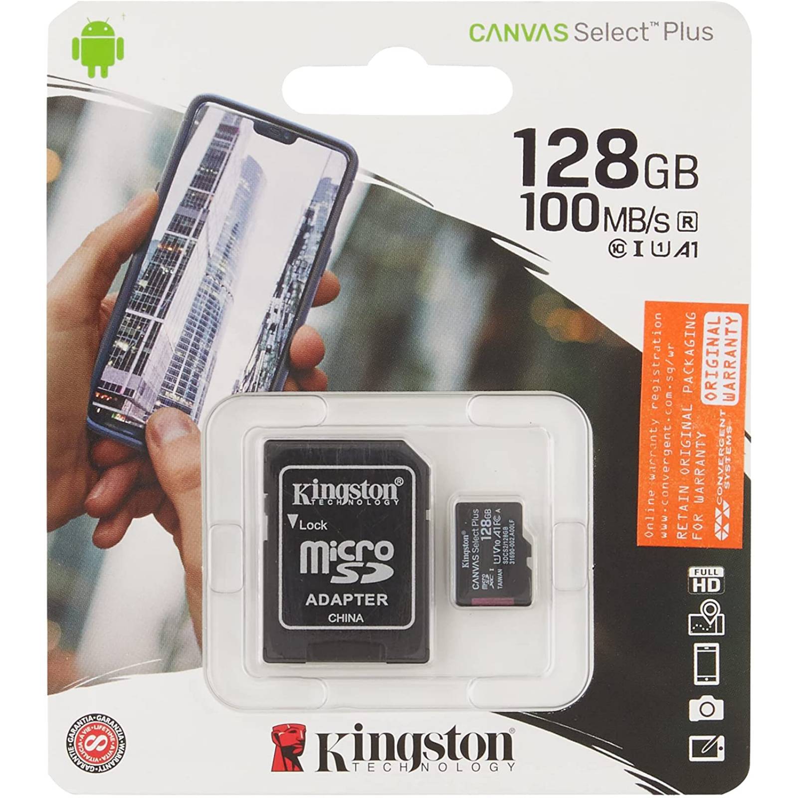 Memoria Micro SD Kingston Canvas Select Plus, 128GB, Class 10, Escritura 100 Mbs, UHSI, Inclye Adaptador SD SDCS2128GB